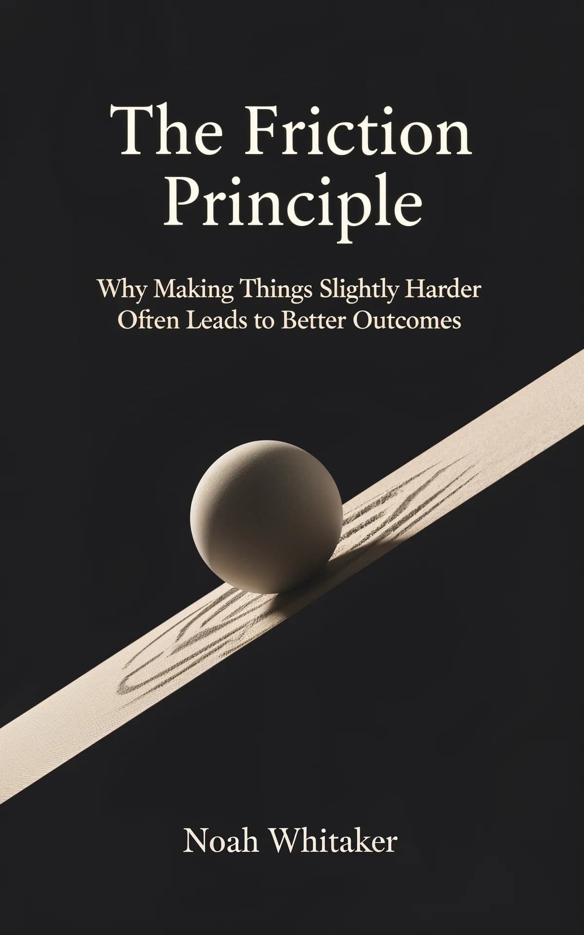 AI book cover generator non-fiction minimalist: sphere rolling on textured wooden plank against black background for 'The Friction Principle'.