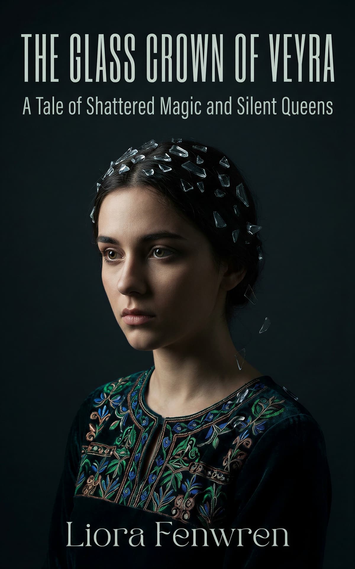 AI book cover generator dark fantasy portrait: solemn young woman with glass shards in her hair for "The Glass Crown of Veyra".