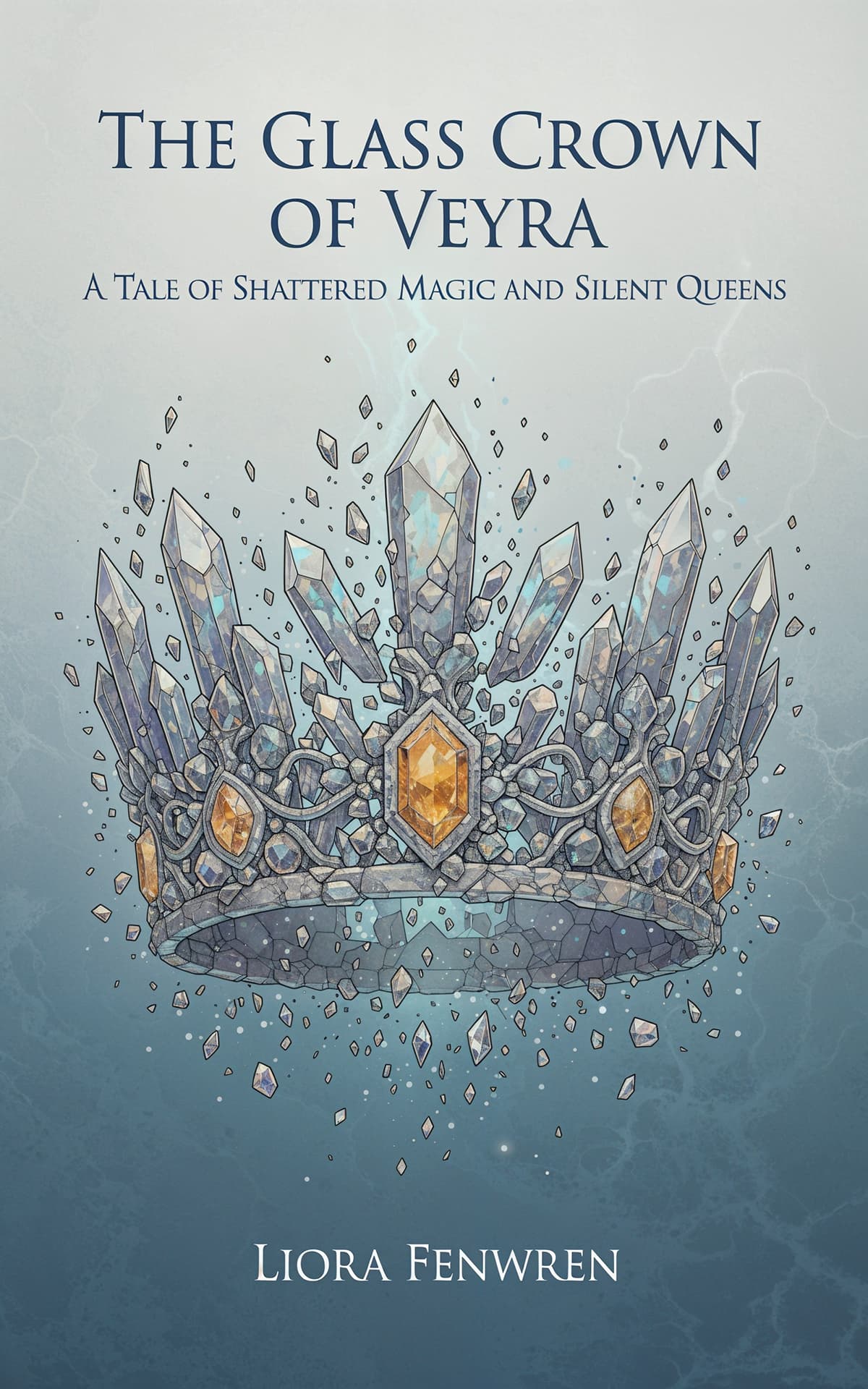 AI book cover generator fantasy illustration: shattered crystal crown floating with golden gemstones for "The Glass Crown of Veyra".