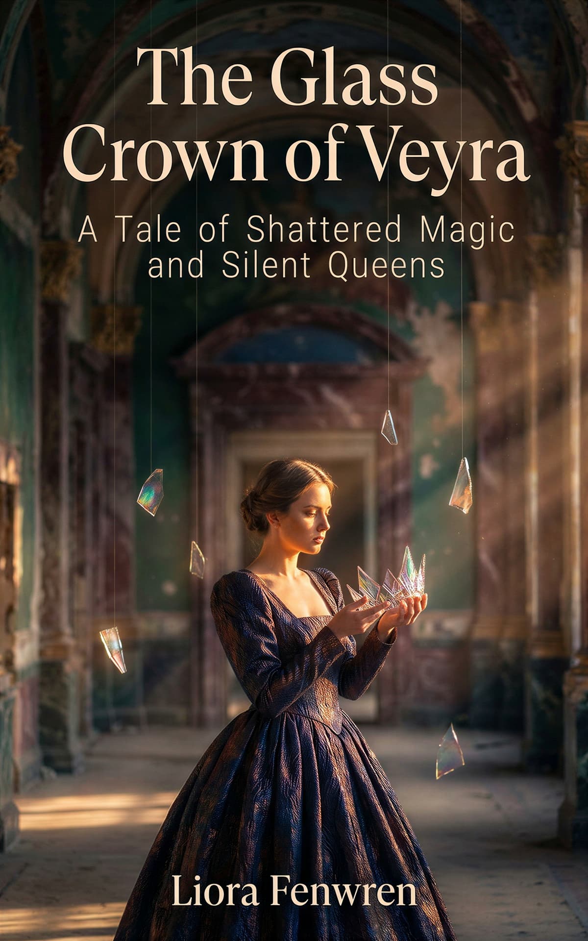 AI book cover generator fantasy photorealistic: young queen holding floating glass shards in a ruined palace for "The Glass Crown of Veyra".