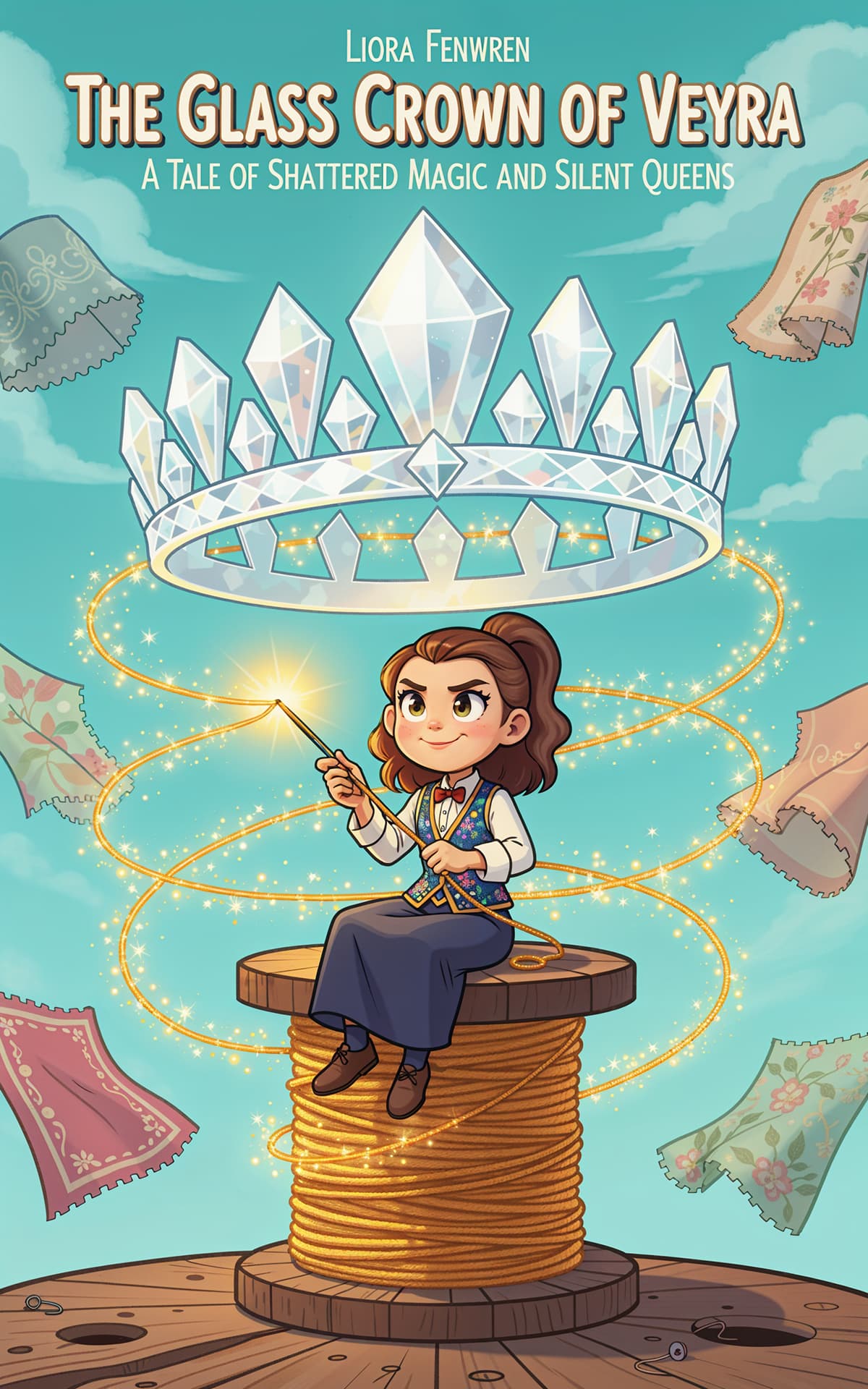 AI book cover generator fantasy illustration: whimsical cartoon girl weaving golden magic beneath a floating crystal crown for "The Glass Crown of Veyra".