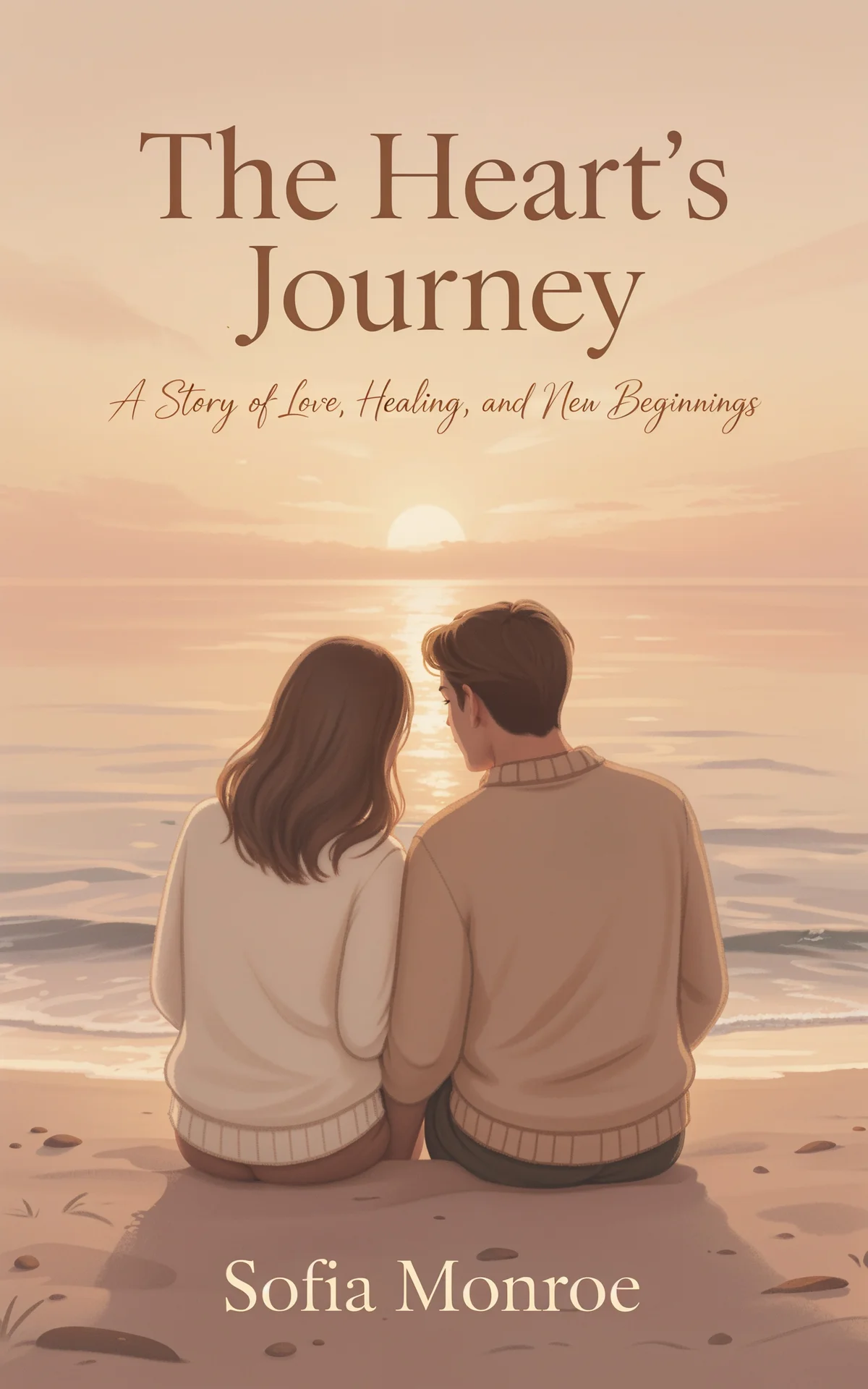 AI book cover generator romance illustration: two figures in cozy sweaters sitting on a beach watching a golden sunset over calm waters for "The Heart's Journey".