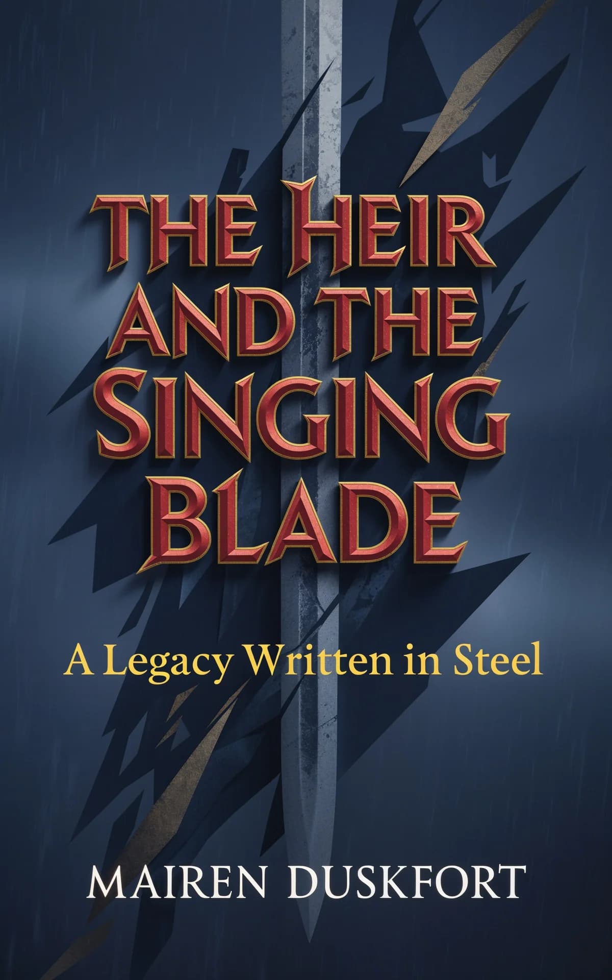 AI book cover generator fantasy typography: bold red and gold lettering centered on dark blue background with dramatic sword and lightning bolt imagery for 'The Heir and the Singing Blade'