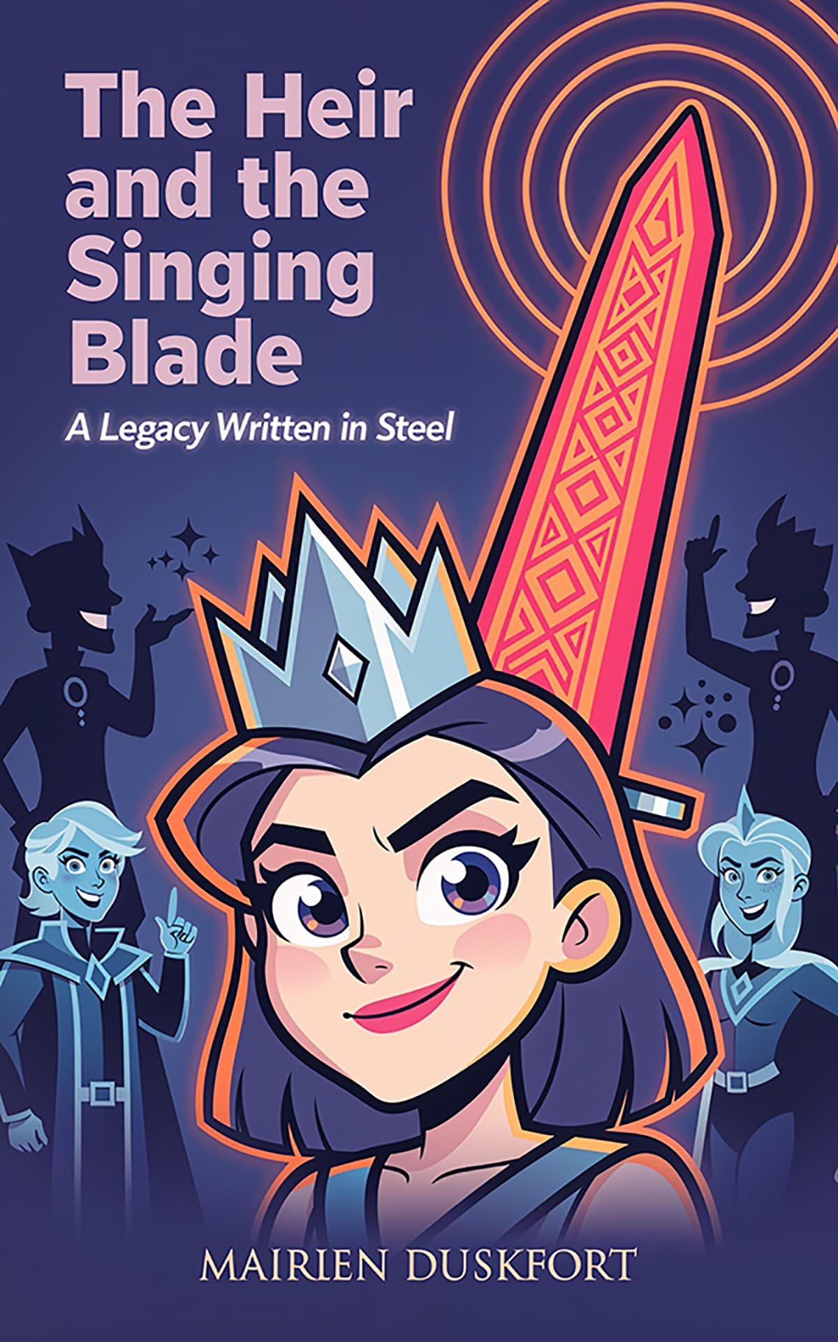 AI book cover generator fantasy cartoon illustration: confident young heir with crown and glowing sword for "The Heir and the Singing Blade".