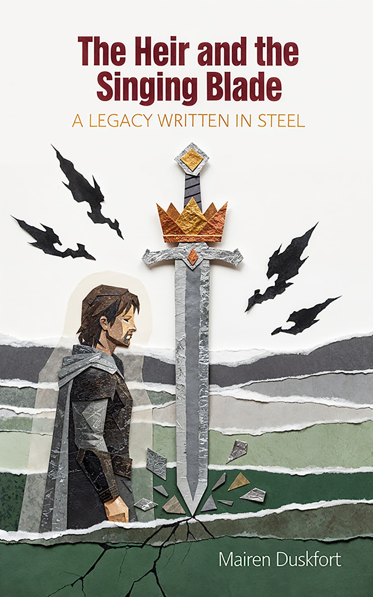 AI book cover generator fantasy collage illustration: sword crowned with gold embedded in fractured ground for "The Heir and the Singing Blade".