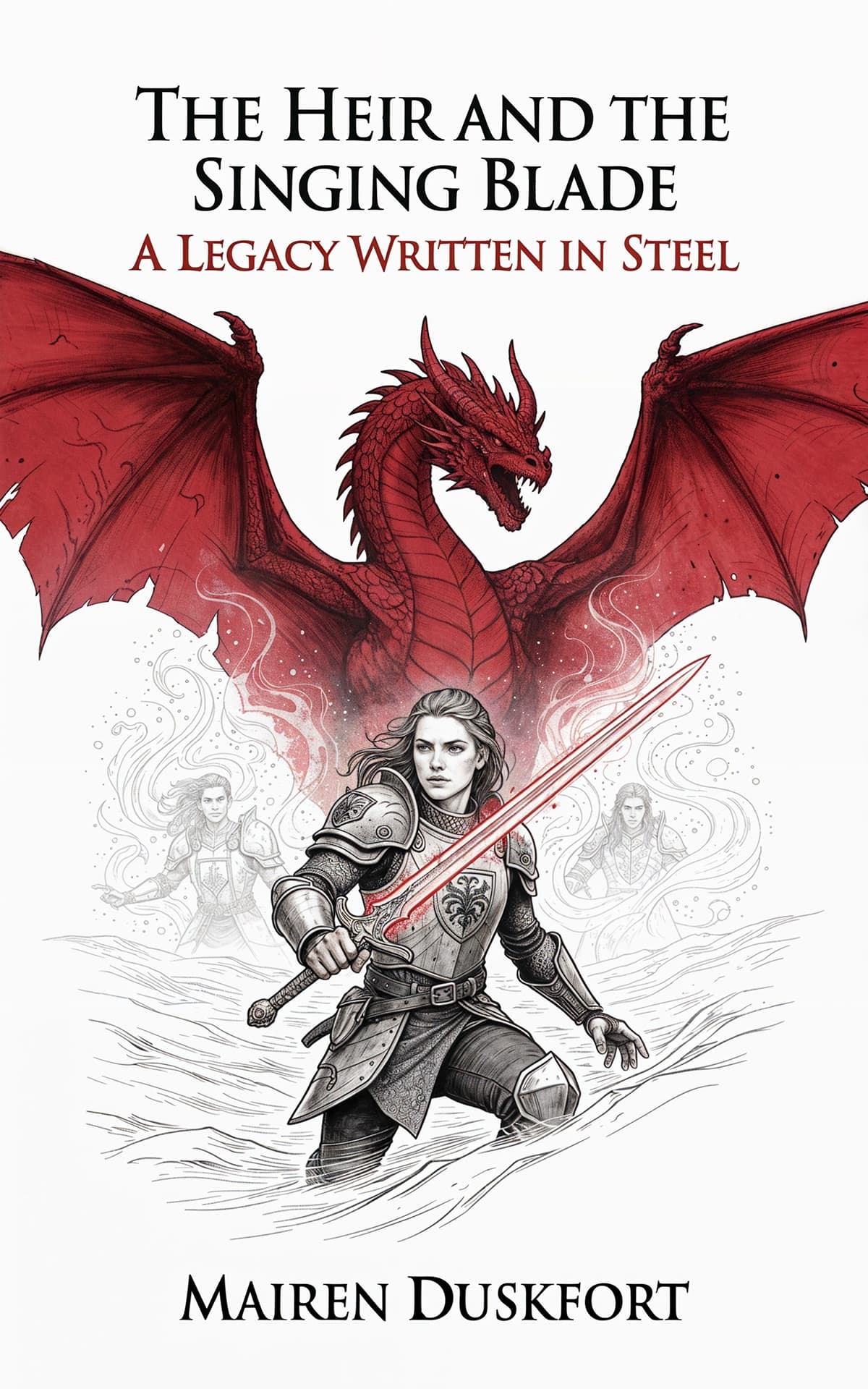 AI book cover generator epic fantasy illustration: armored heroine with sword beneath red dragon for "The Heir and the Singing Blade".