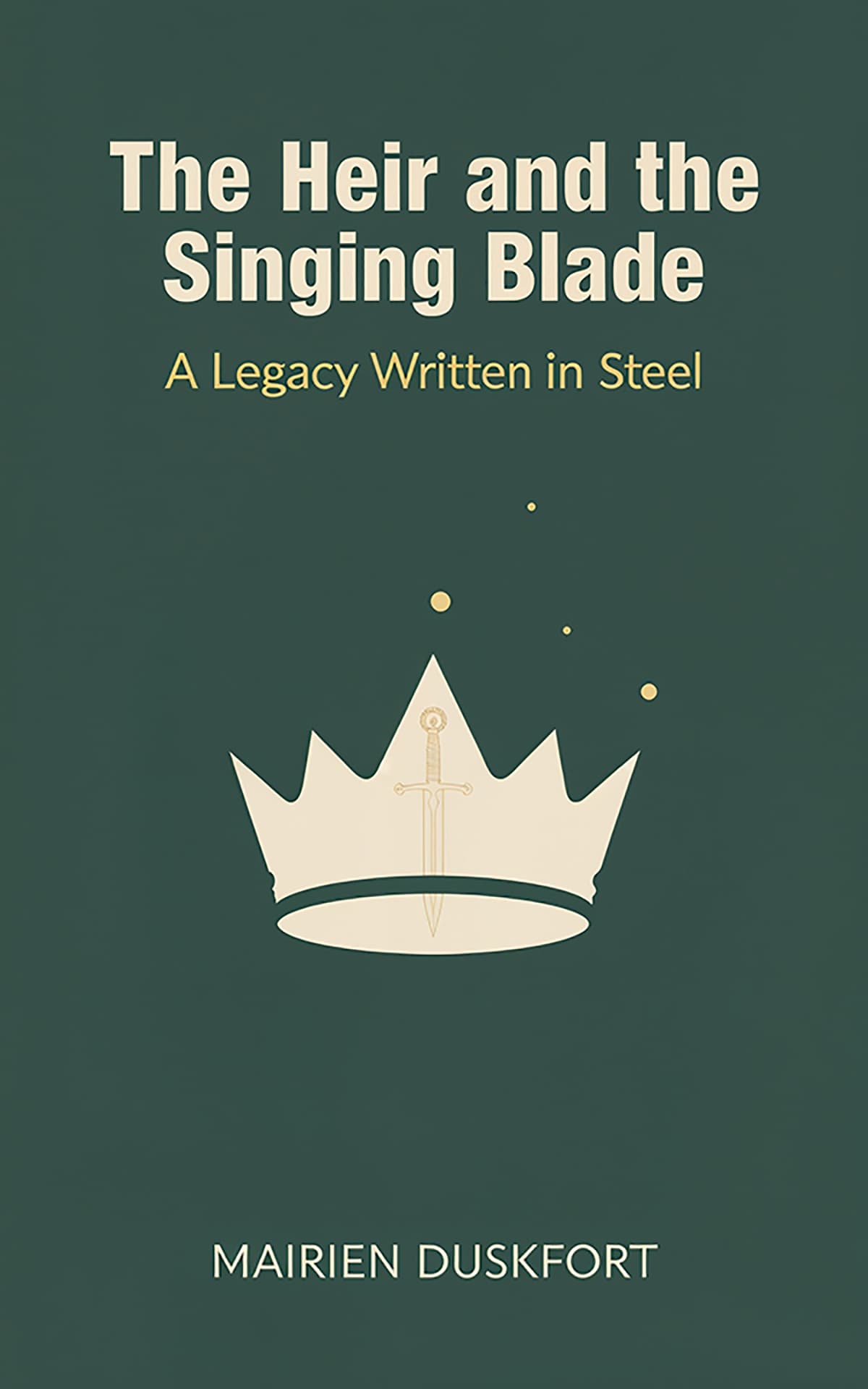 AI book cover generator minimalist fantasy: simple crown with embedded sword icon for "The Heir and the Singing Blade".