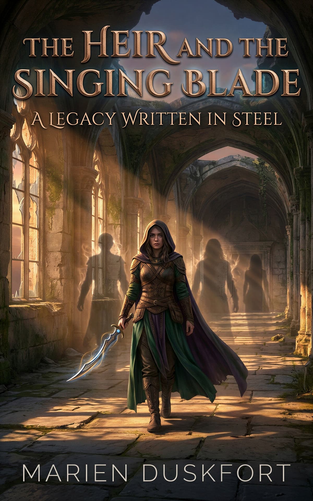 AI book cover generator epic fantasy photorealistic: hooded warrior holding a glowing blade in ancient ruins for "The Heir and the Singing Blade".