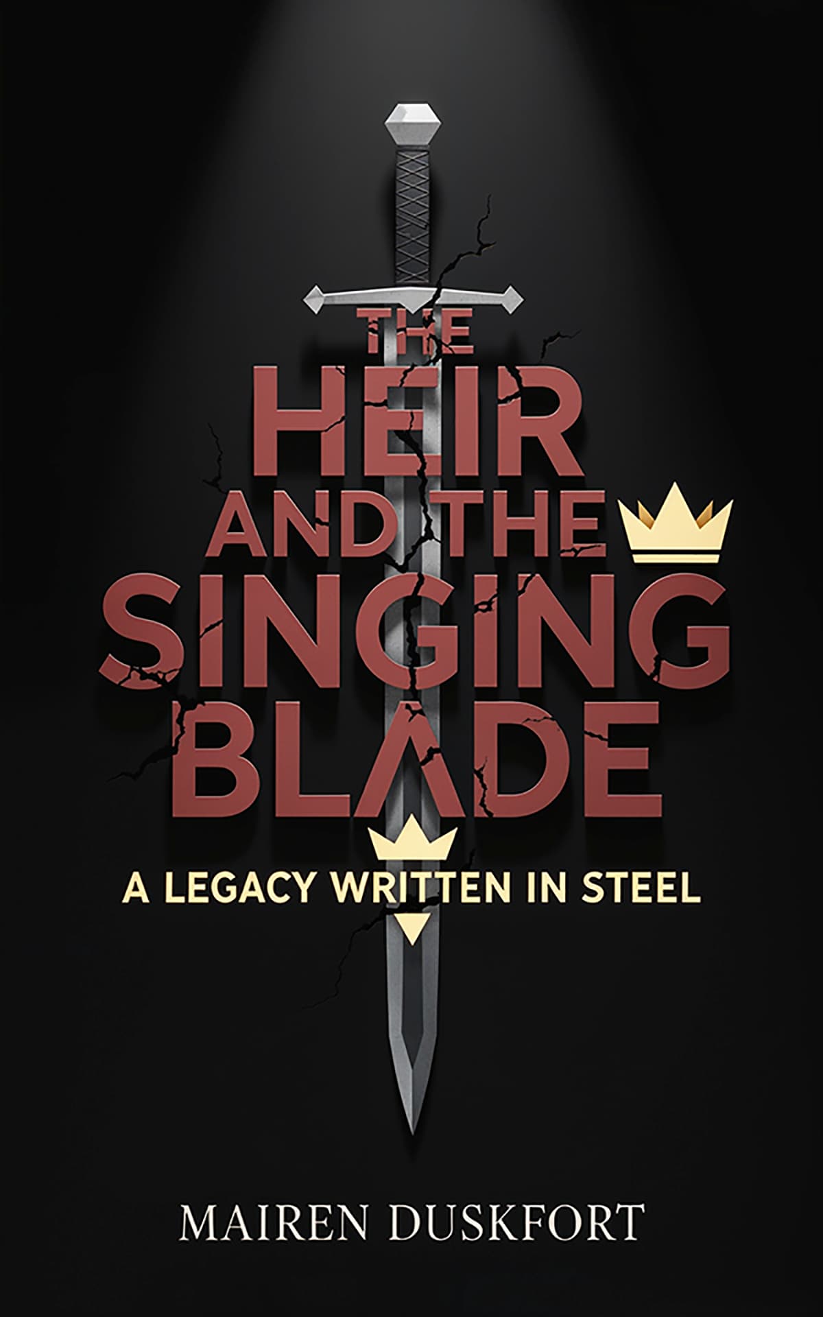 AI book cover generator fantasy typography: sword forming central axis with cracked lettering for "The Heir and the Singing Blade".