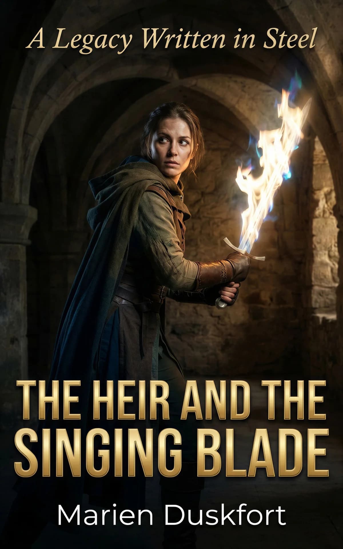 AI book cover generator fantasy cinematic: woman in medieval cloak holding flaming sword in stone archway for "The Heir and the Singing Blade".