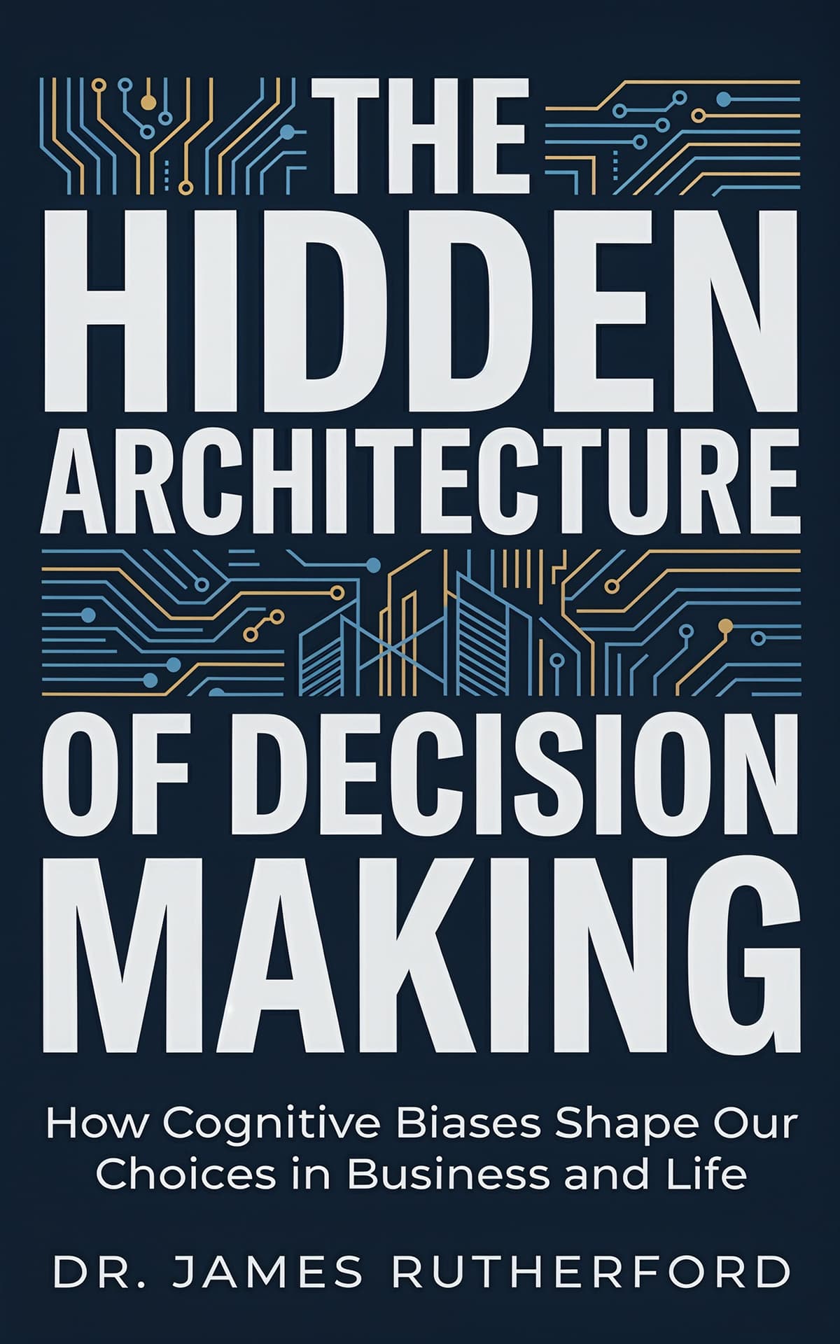 AI book cover generator nonfiction tech illustration: circuit-brain graphic typography for "The Hidden Architecture of Decision Making".