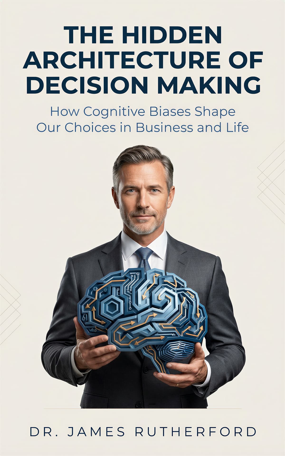 AI book cover generator nonfiction photoreal: professional man holding stylized brain for "The Hidden Architecture of Decision Making".