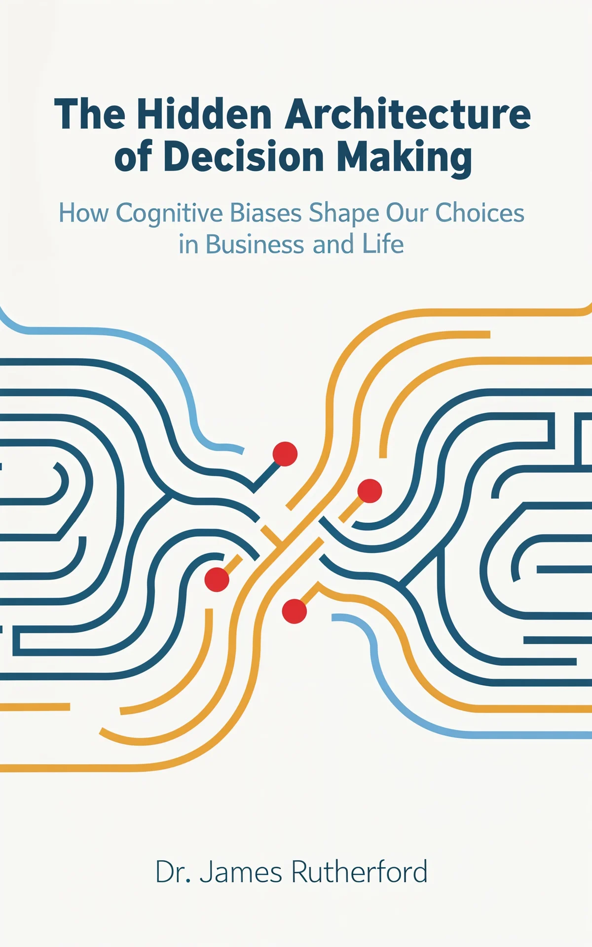 AI book cover generator non-fiction minimal: abstract flowing pathways in navy and gold with red decision points for 'The Hidden Architecture of Decision Making'.