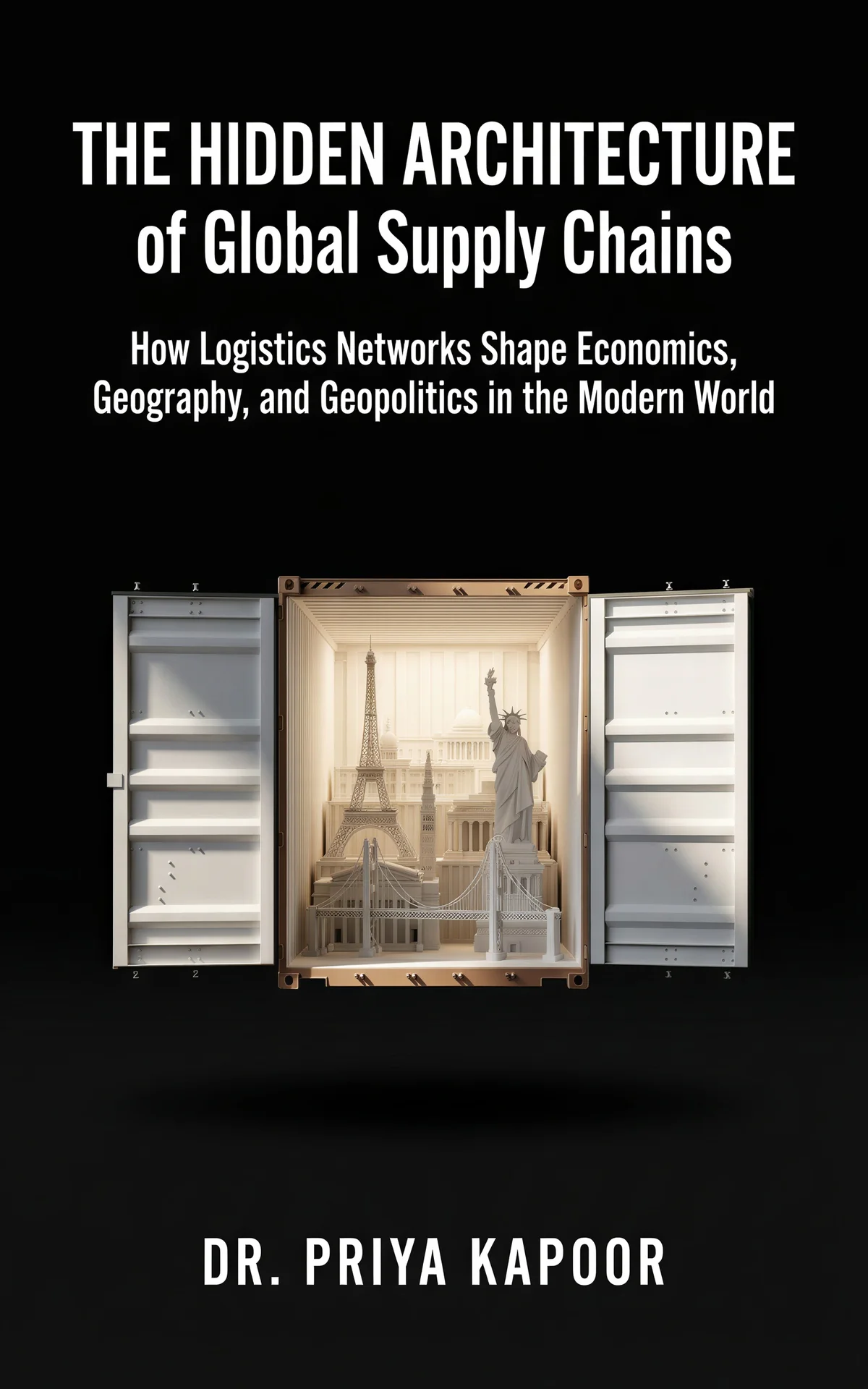AI book cover generator non-fiction illustration: iconic global landmarks displayed in an open shipping container with empty shelves for 'The Hidden Architecture of Global Supply Chains'.