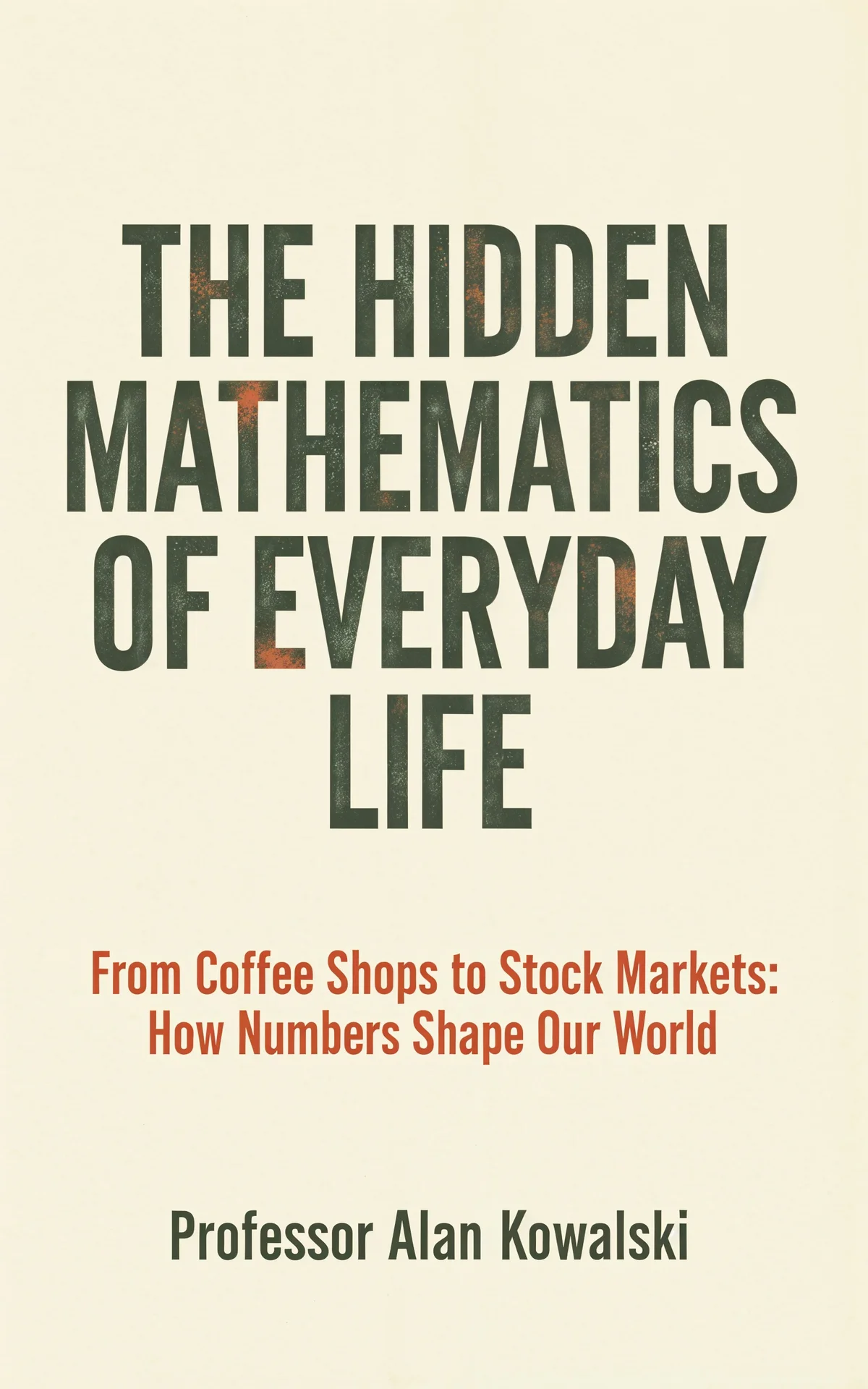 AI book cover generator non-fiction business-mega-type: bold sage green distressed typography with rust accents on cream background for 'The Hidden Mathematics of Everyday Life'