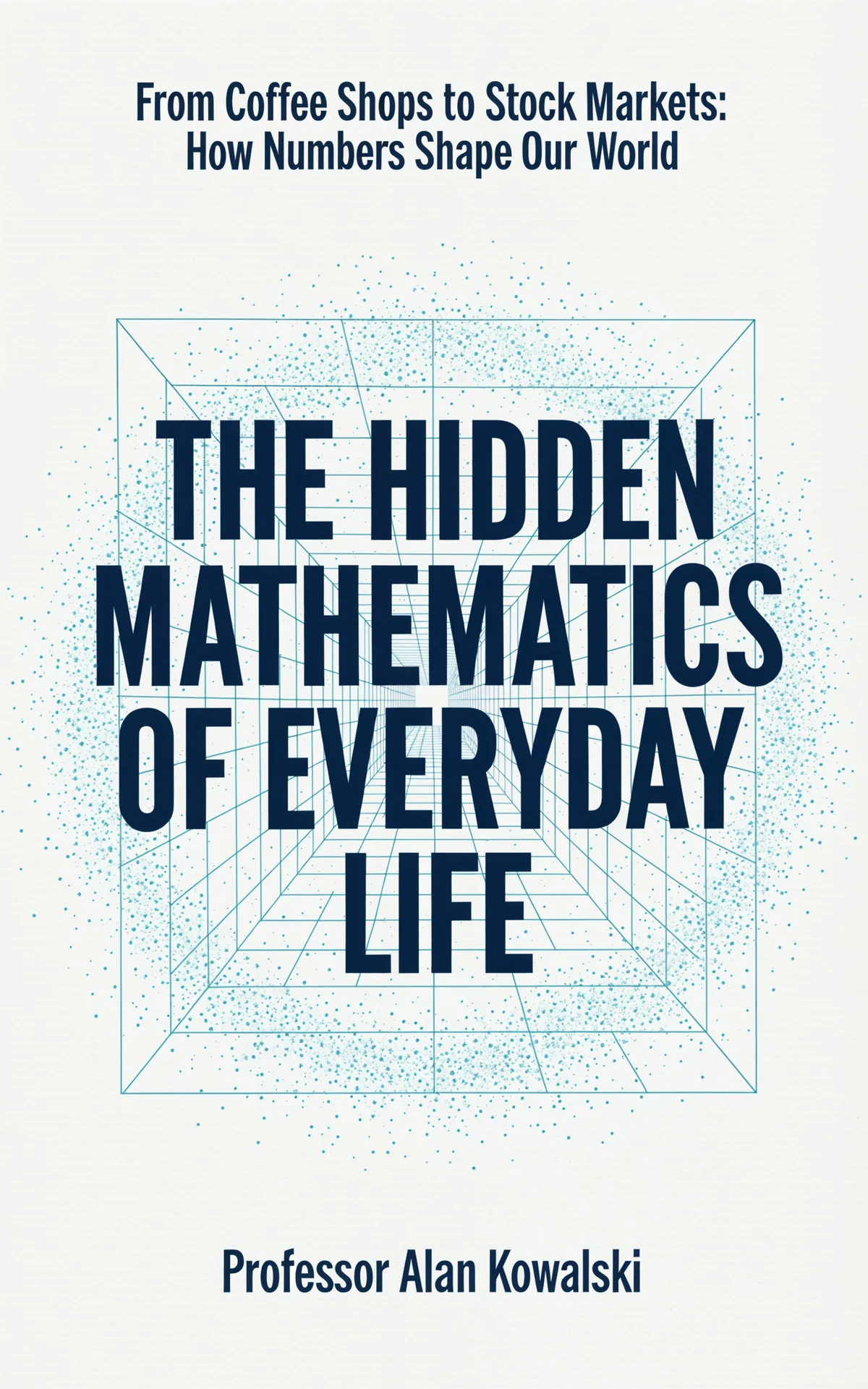 AI book cover generator non-fiction business illustration: bold navy typography centered in geometric wireframe cube with scattered data points for 'The Hidden Mathematics of Everyday Life'.