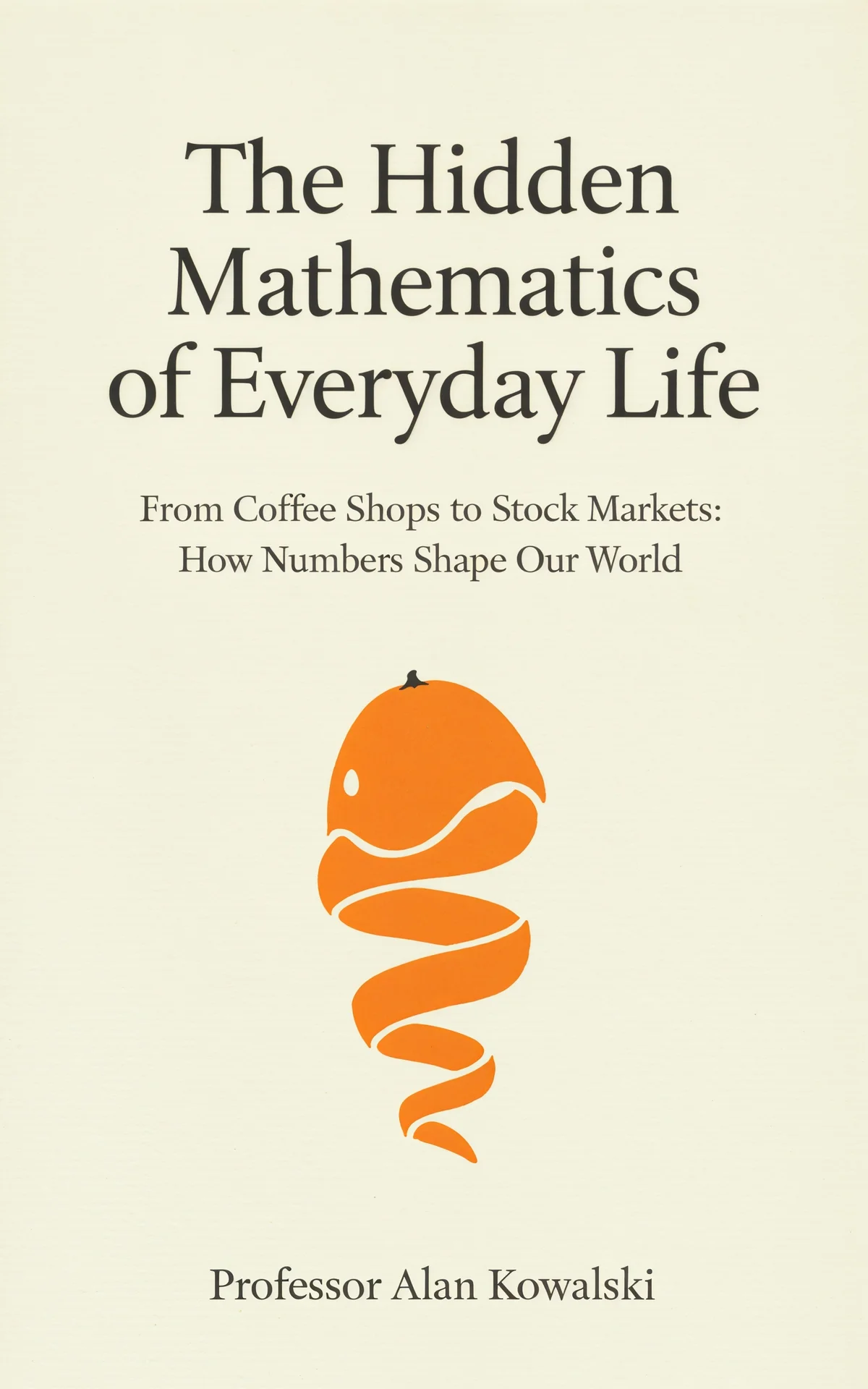 AI book cover generator non-fiction business-centered-icon: orange spiral apple with white wave patterns on cream background for 'The Hidden Mathematics of Everyday Life'.