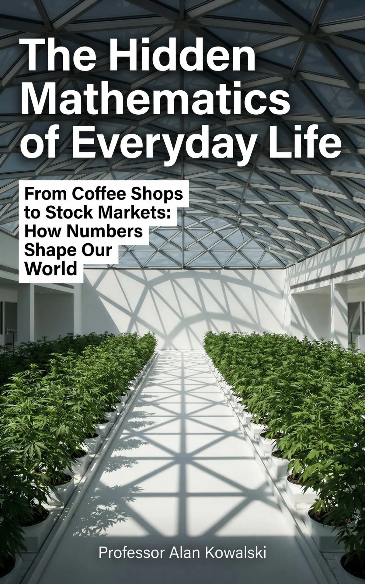 AI book cover generator non-fiction illustration: modern greenhouse corridor with geometric glass ceiling and lush green plants casting shadow patterns for 'The Hidden Mathematics of Everyday Life'.