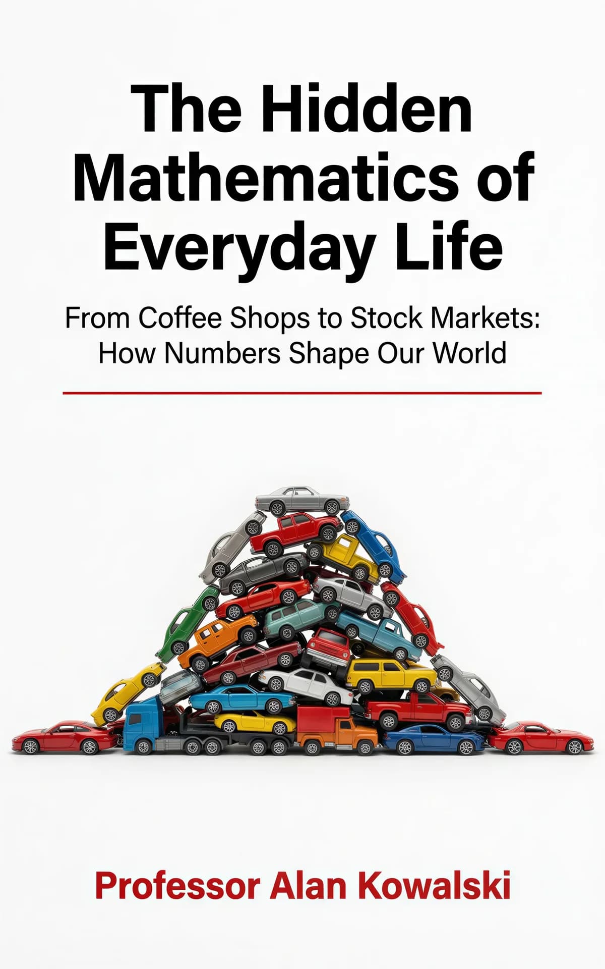 AI book cover generator non-fiction illustration: colorful toy cars stacked in pyramid formation on white background for 'The Hidden Mathematics of Everyday Life'.