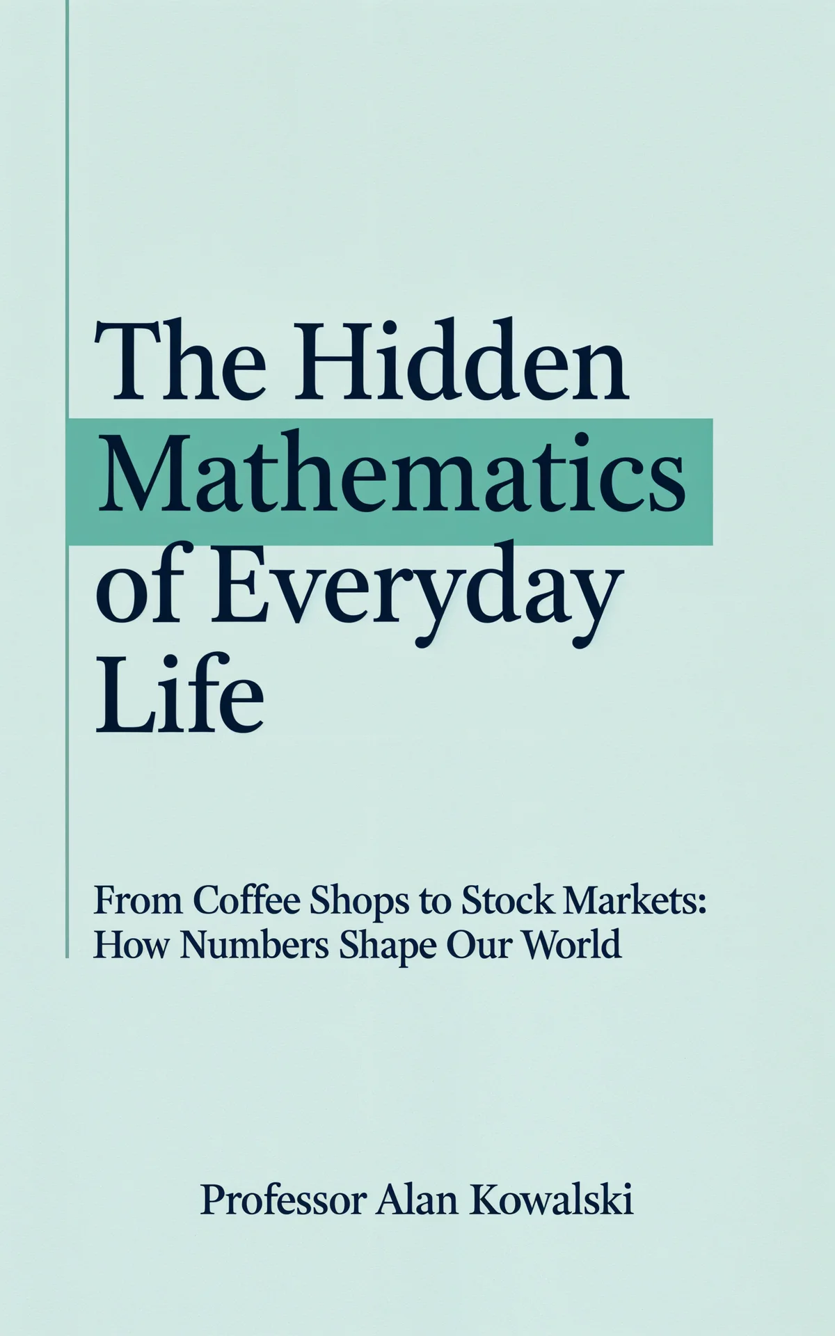 AI book cover generator non-fiction business-title-block: minimalist light blue background with navy serif typography and teal accent bar for 'The Hidden Mathematics of Everyday Life'.