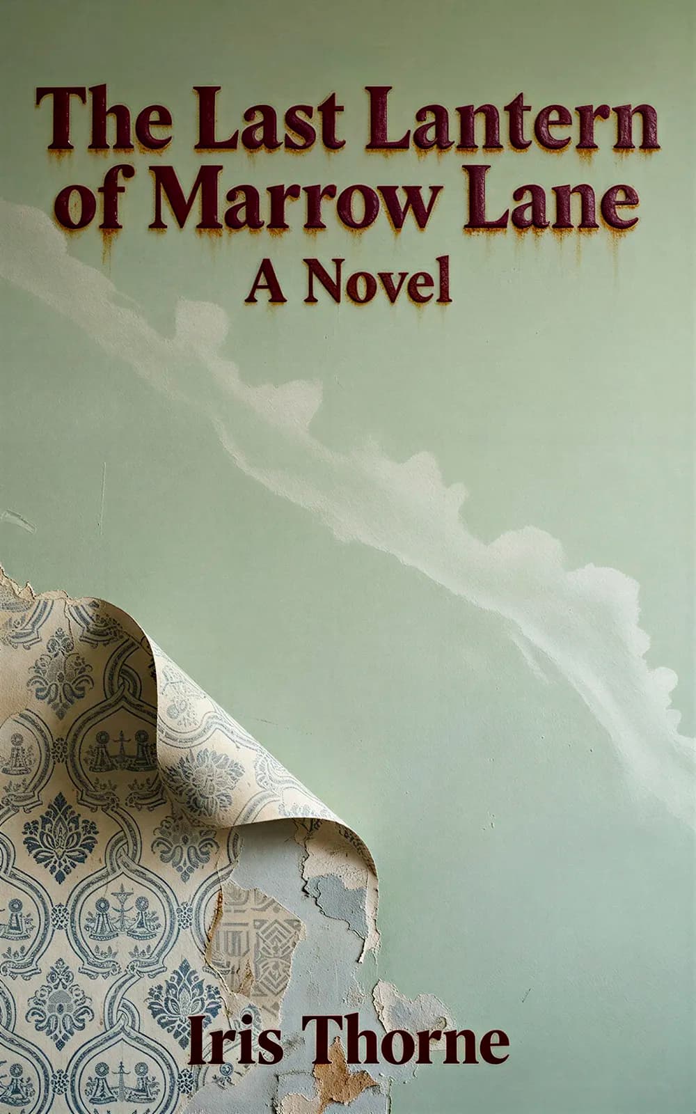 AI book cover generator literary mystery: peeling wallpaper and aged textures for "The Last Lantern of Marrow Lane".