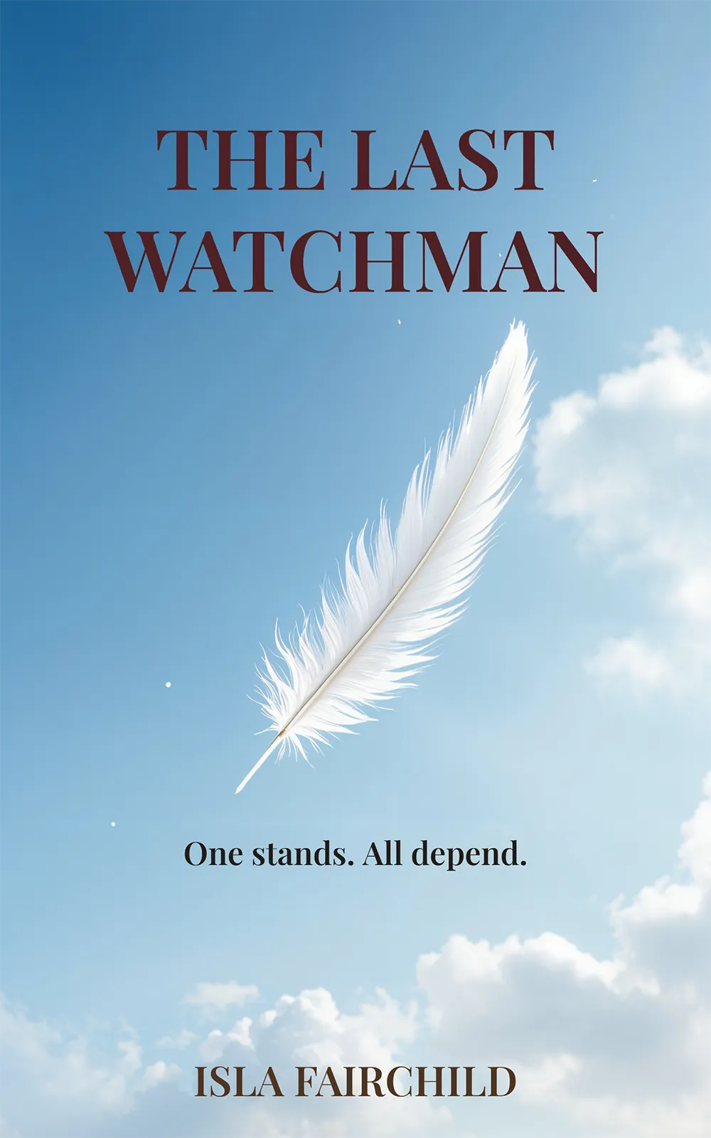 AI book cover generator fantasy minimal: white feather floating in blue sky for "The Last Watchman".