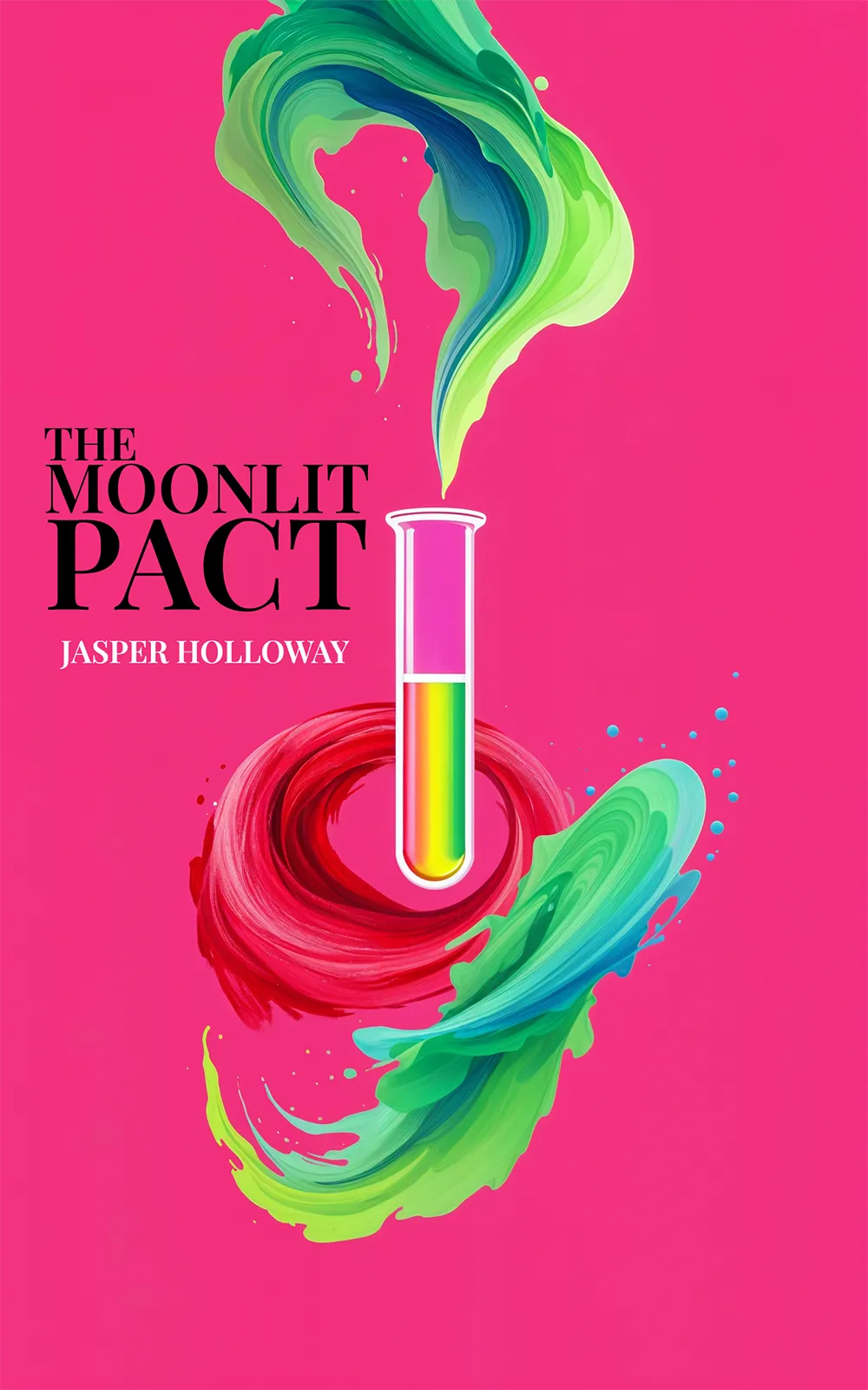 AI book cover generator fantasy illustration: glowing alchemical vial with swirling magical colors for "The Moonlit Pact".