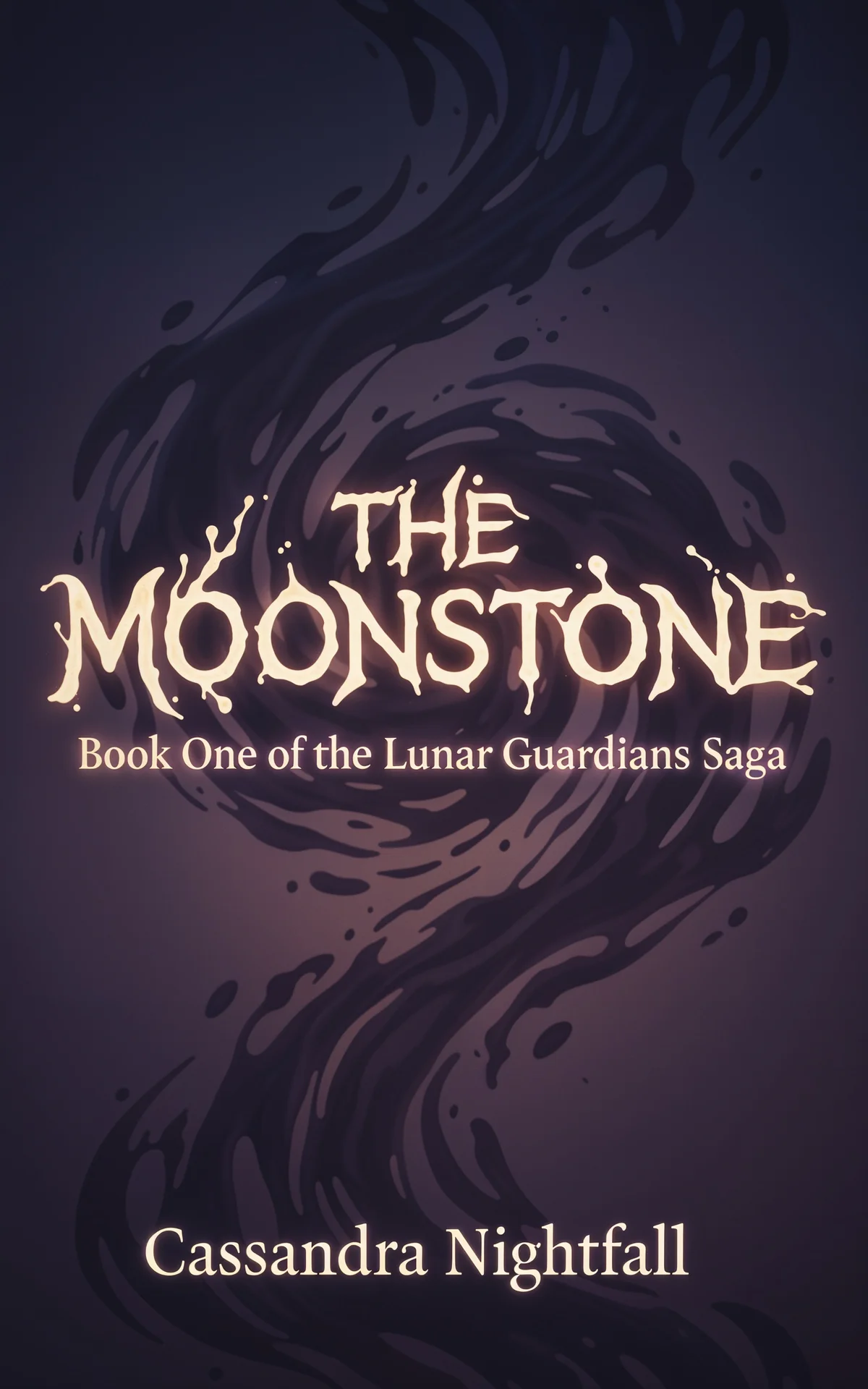 AI book cover generator fantasy typography: glowing golden title text overlaid on swirling dark purple mystical vortex for "The Moonstone".