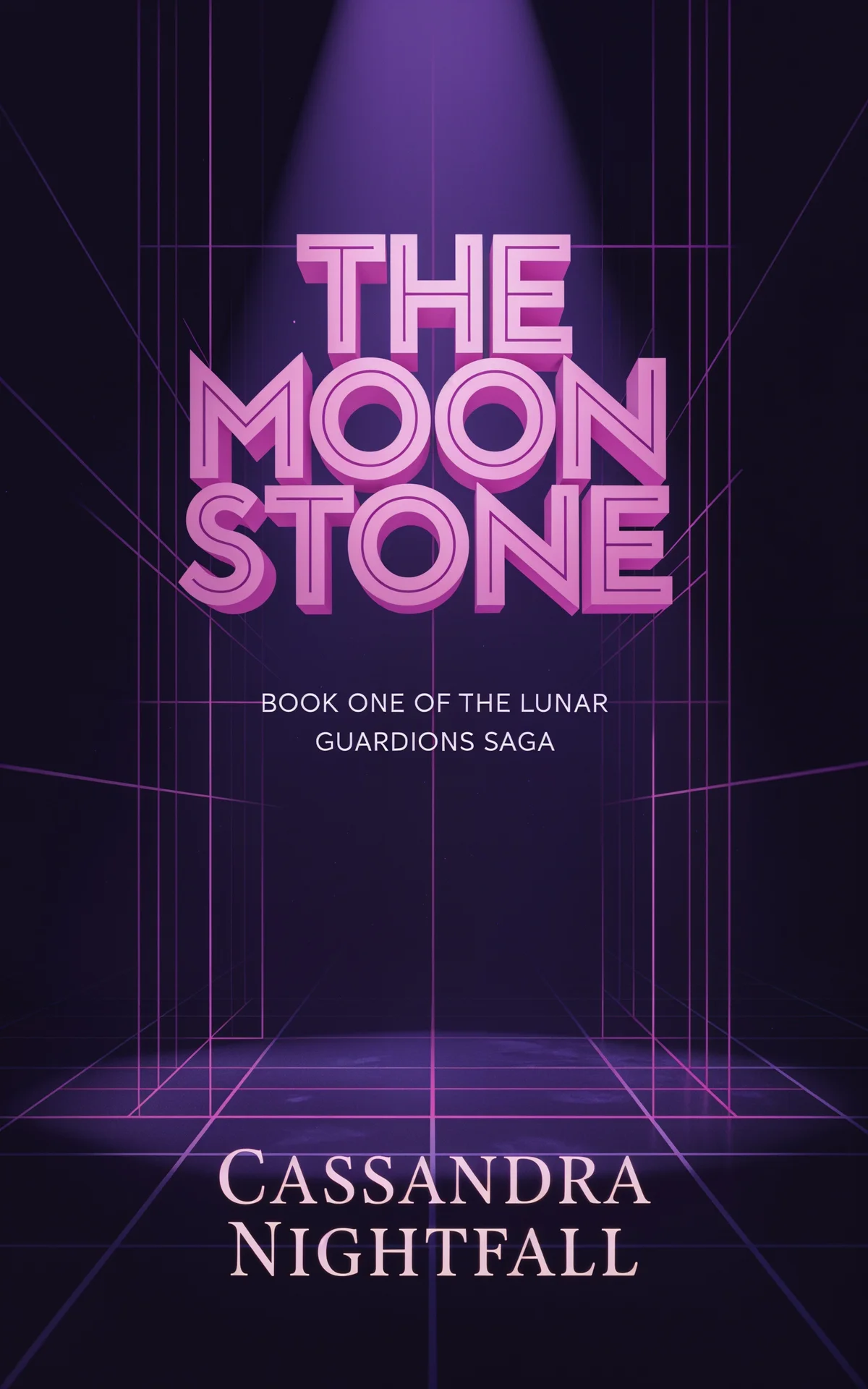 AI book cover generator fantasy typography: pink neon lettering with geometric grid pattern and purple spotlight on dark background for "The Moonstone".