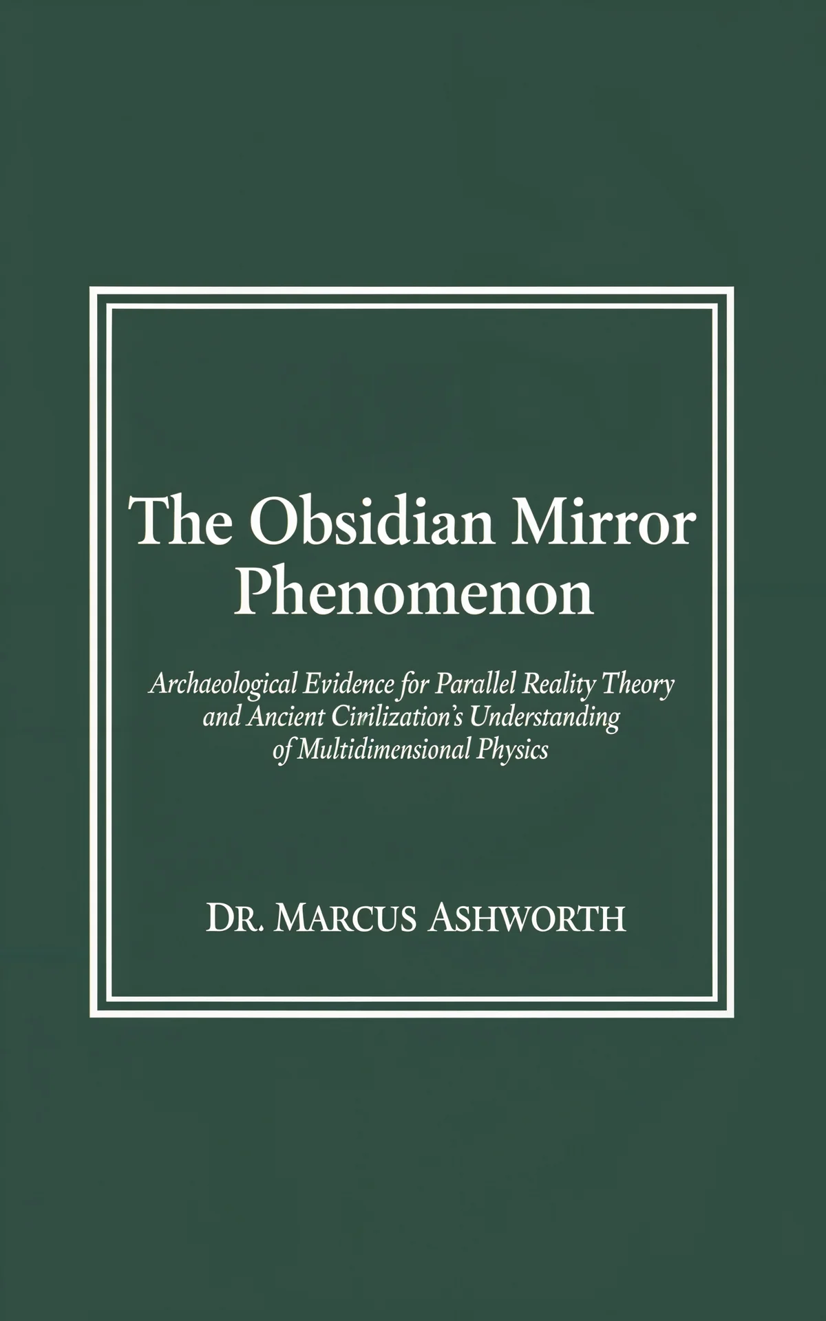 AI book cover generator non-fiction typography: elegant serif text centered within double-line border on deep green background for 'The Obsidian Mirror Phenomenon'.