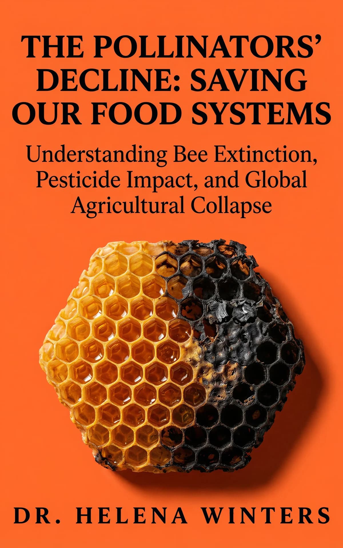 AI book cover generator non-fiction illustration: split honeycomb with golden healthy cells transitioning to blackened damaged cells against orange background for "The Pollinators' Decline: Saving Our Food Systems".