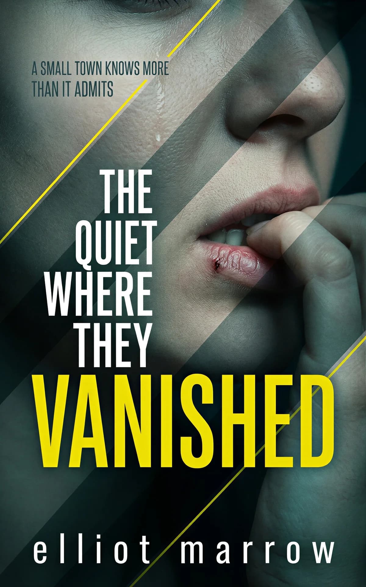 AI book cover generator mystery thriller: close-up of woman's face with diagonal yellow lines and fragmented composition for "The Quiet Where They Vanished".