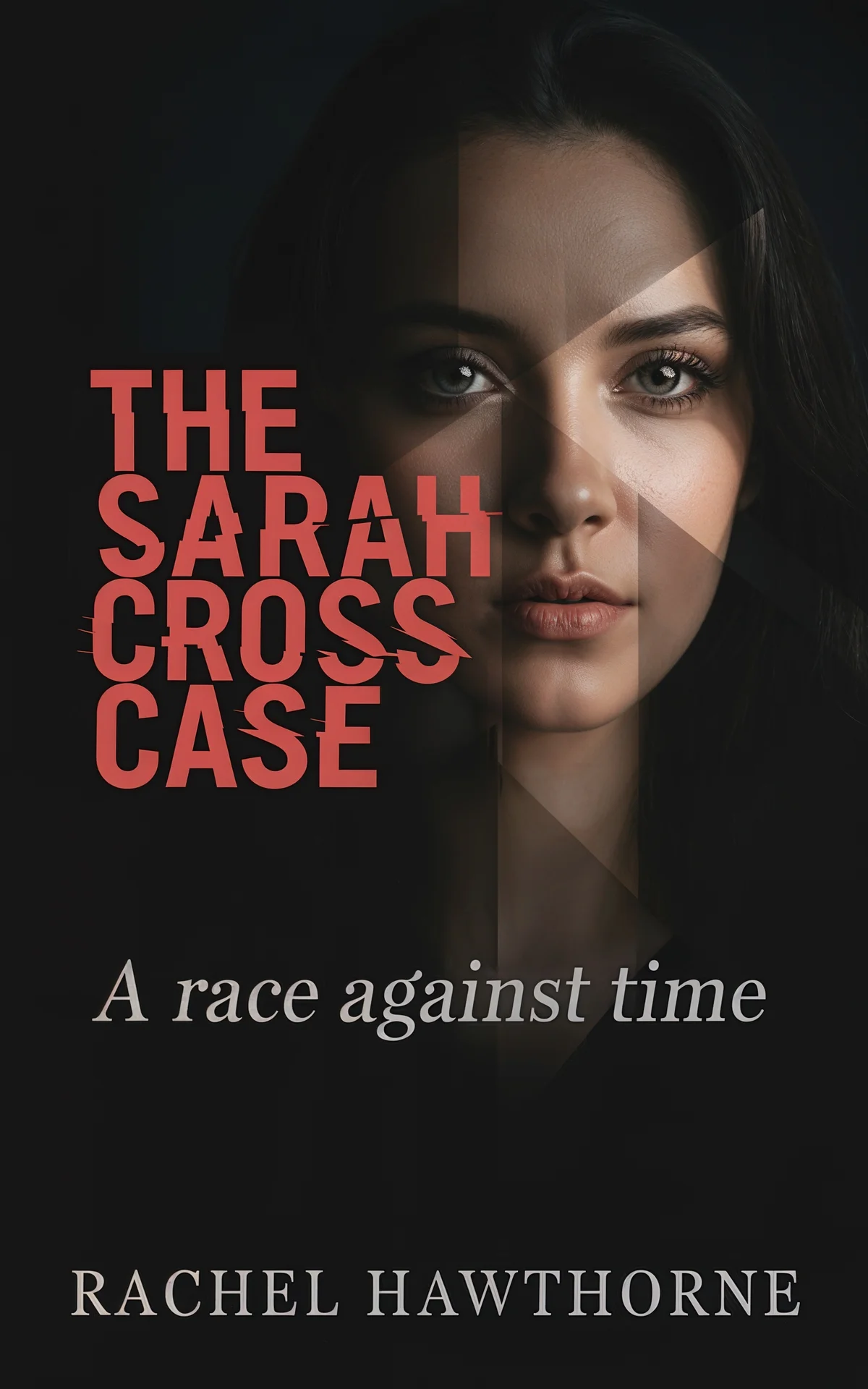 AI book cover generator thriller typography: woman's face split by geometric shadow with bold red sans-serif text for "The Sarah Cross Case".