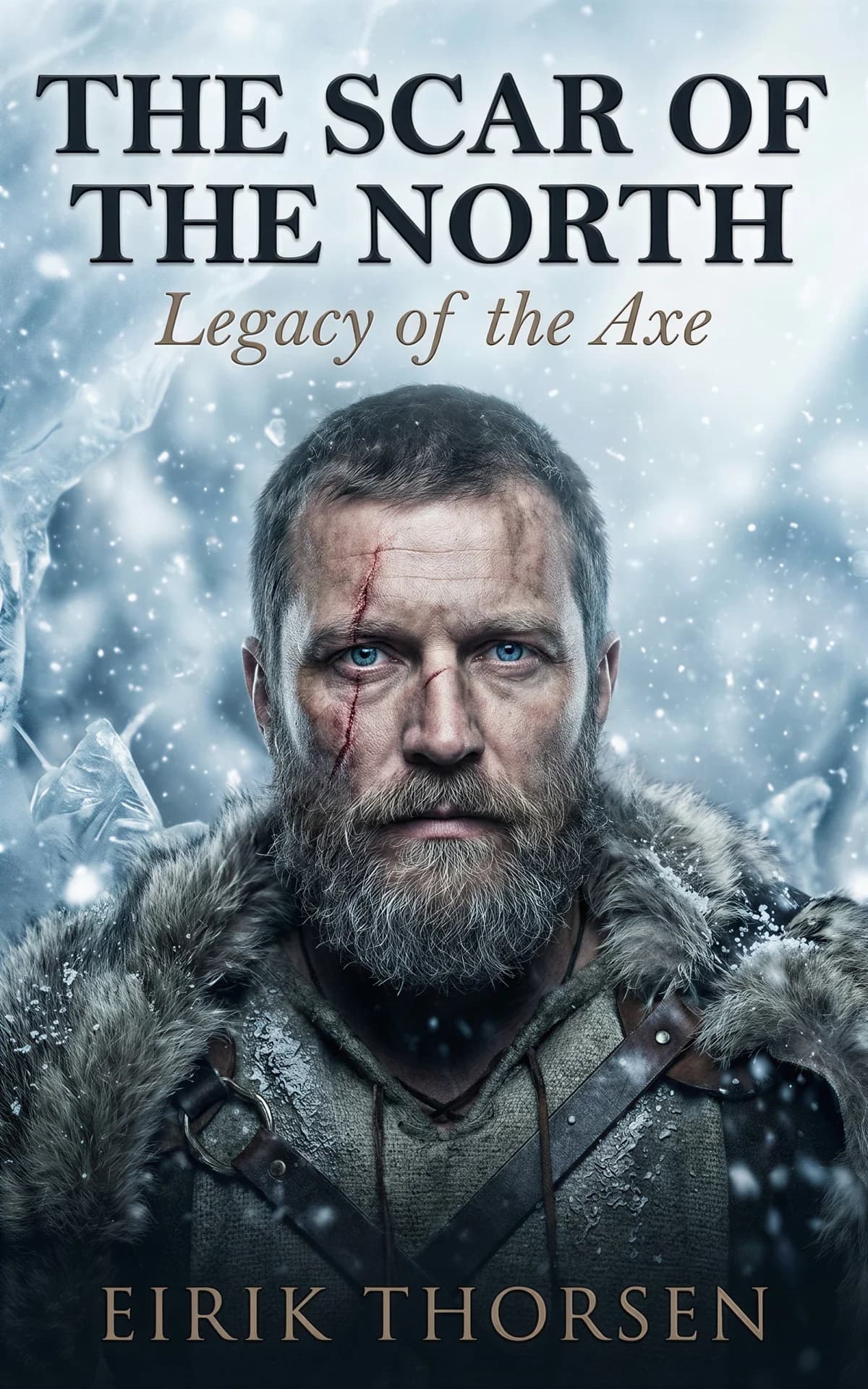 AI book cover generator historical fiction photoreal: weathered bearded man with facial scar and piercing blue eyes in fur-lined winter clothing against snowy Nordic landscape for "The Scar of the North".