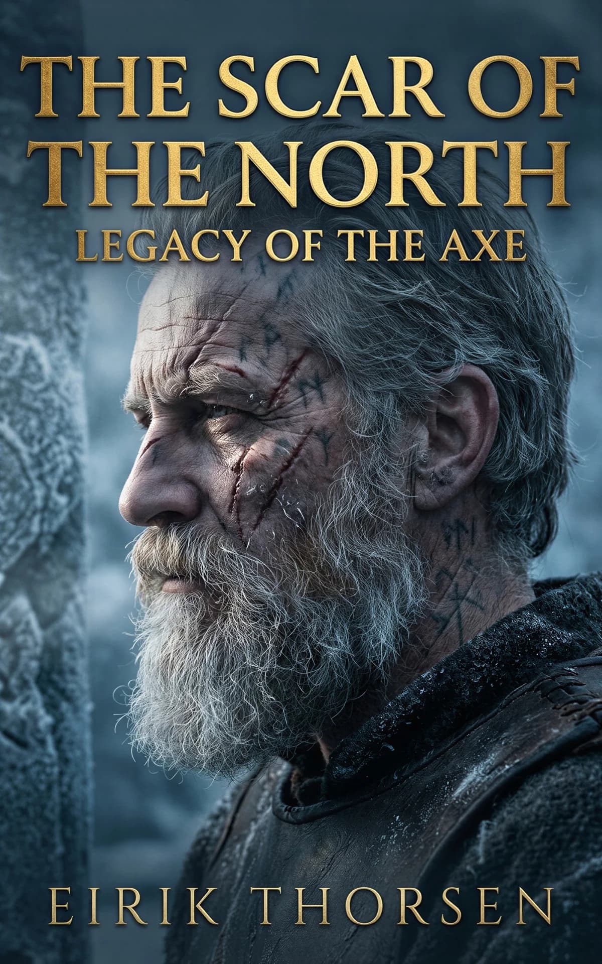 AI book cover generator historical fiction portrait: weathered bearded warrior with facial scar in profile against cold blue backdrop for "The Scar of the North".