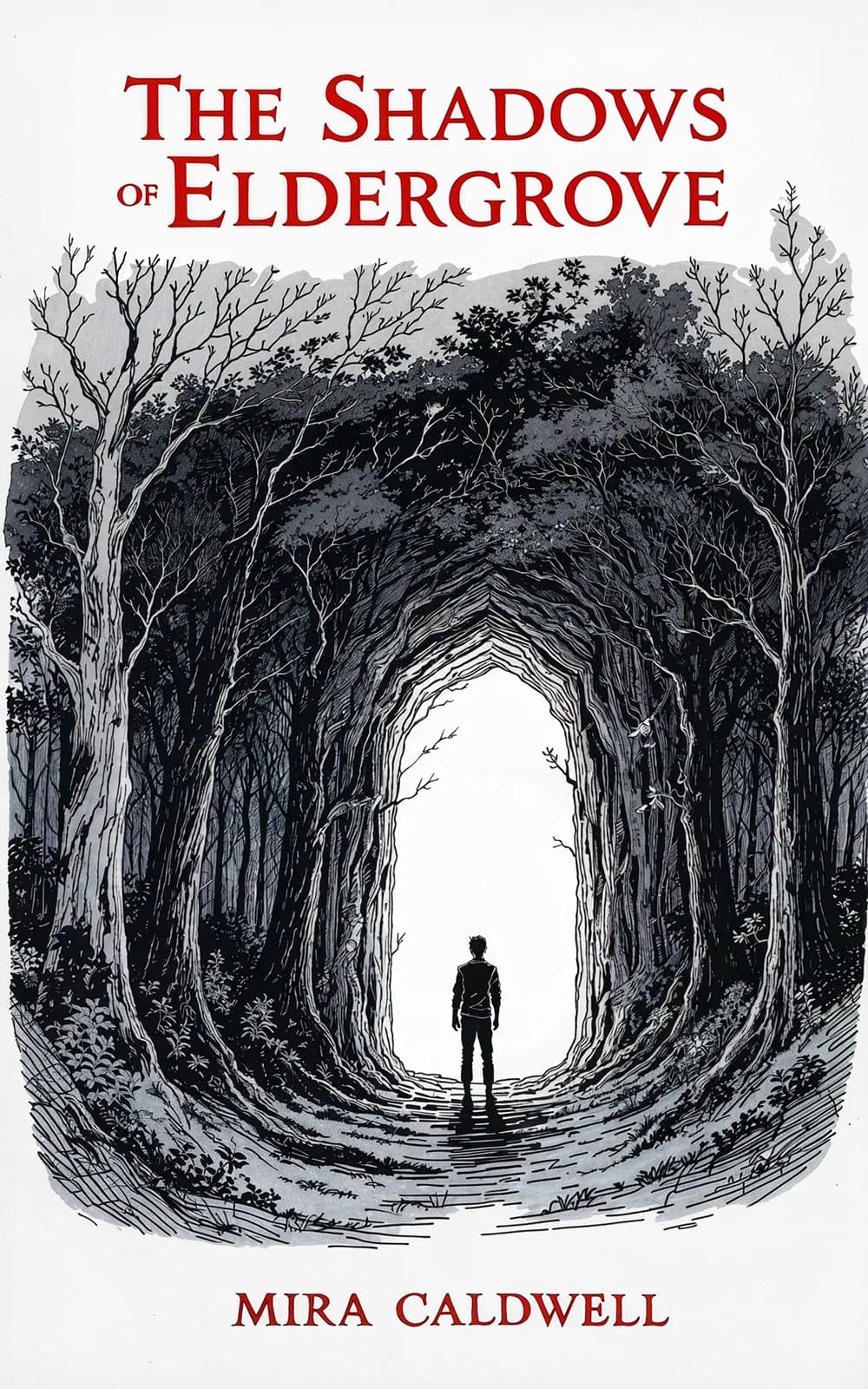 AI book cover generator fantasy illustration: lone figure standing at the mouth of a shadowy forest tunnel for "The Shadows of Eldergrove".