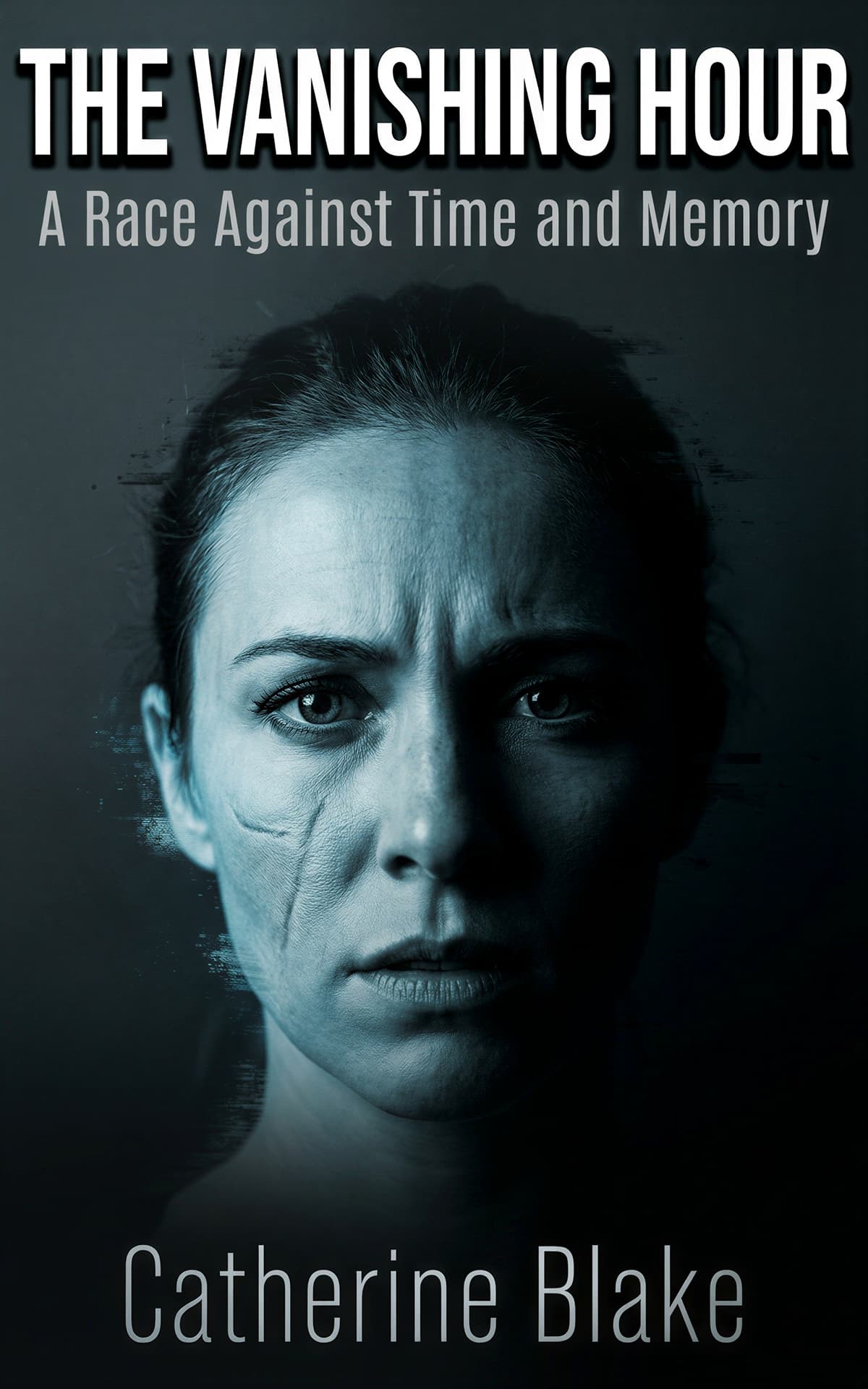 AI book cover generator thriller photoreal: intense female face emerging from darkness for "The Vanishing Hour".