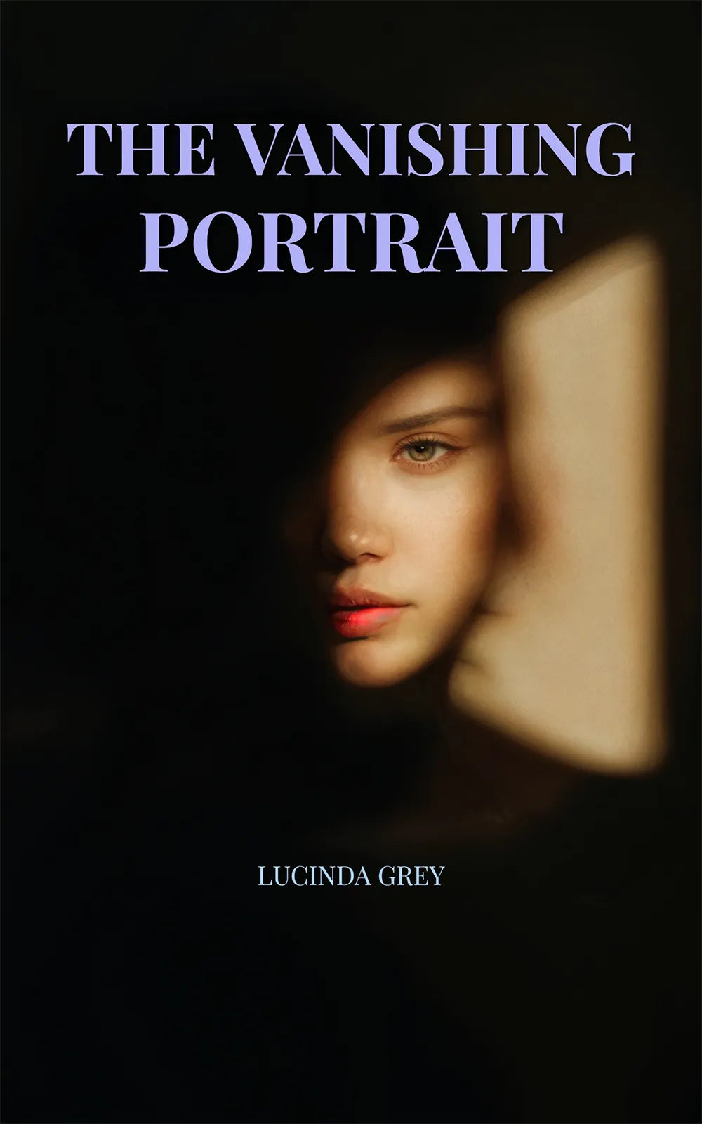 AI book cover generator thriller photoreal: partially lit woman's face emerging from darkness for "The Vanishing Portrait".