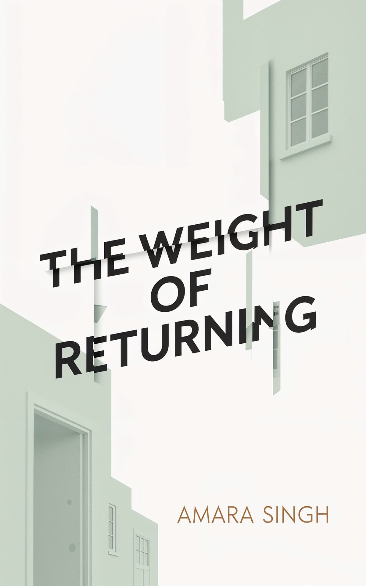 AI book cover generator contemporary literary minimal: abstract floating house forms and fragmented typography for "The Weight of Returning".