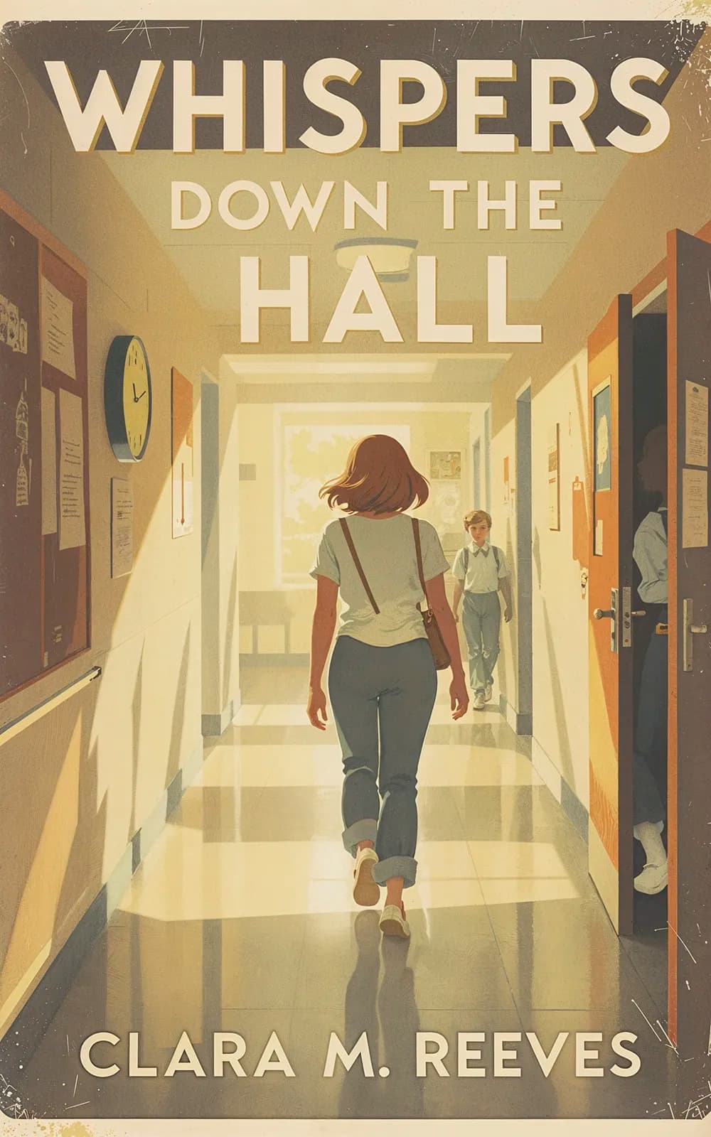 AI book cover generator contemporary fiction: nostalgic school hallway scene for "Whispers Down the Hall".