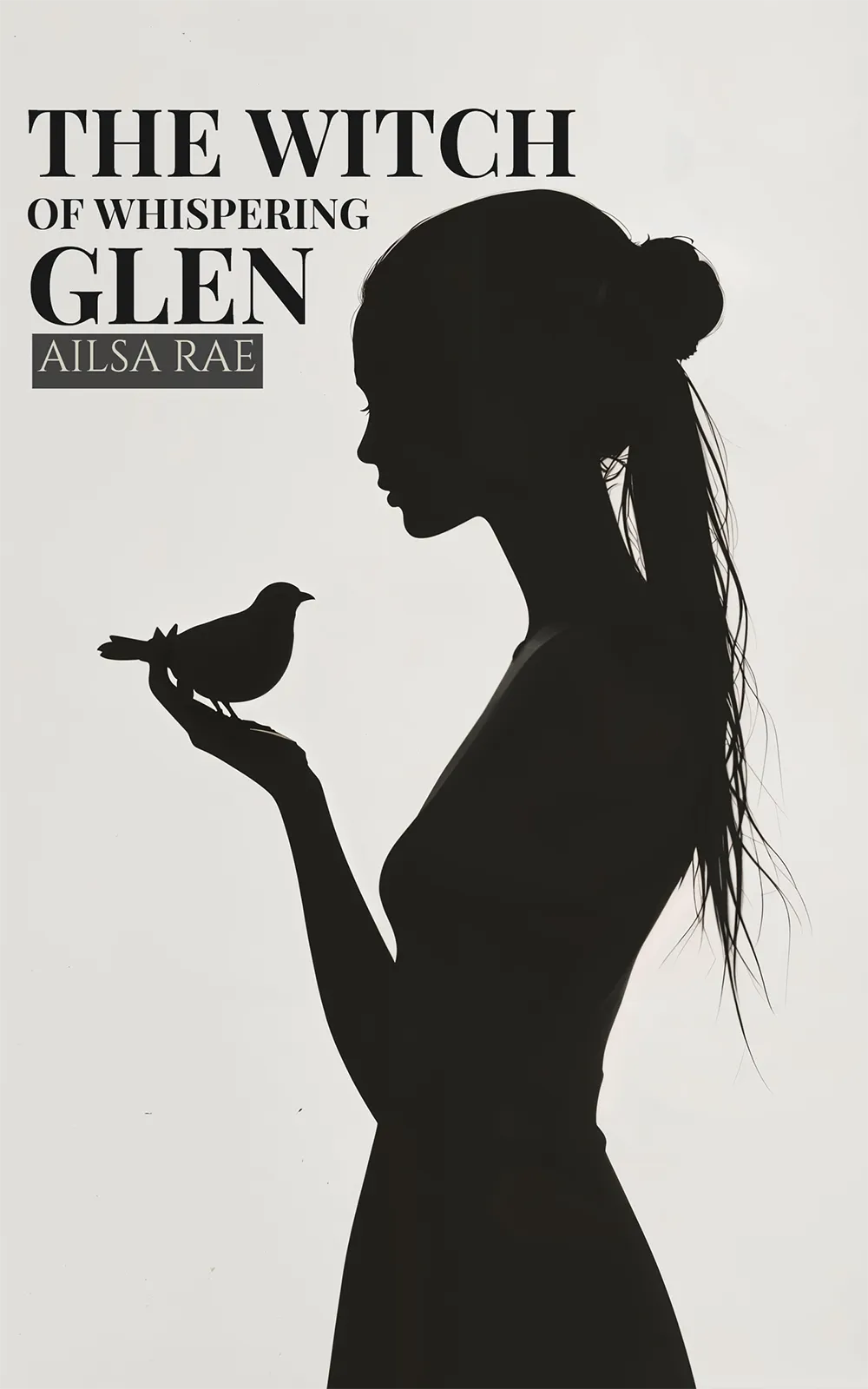 AI book cover generator fantasy silhouette: woman in profile holding a bird against a pale background for "The Witch of Whispering Glen".