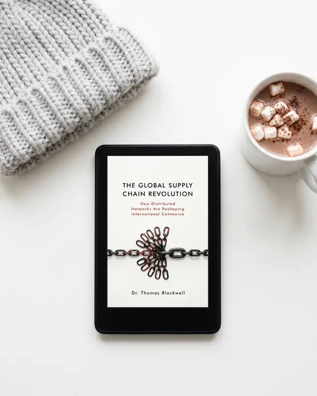 The ebook shown on an e-reader beside a knitted hat and a hot chocolate