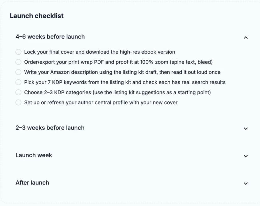 The Book Launch Checklist tool, showing tasks grouped from six weeks before launch through after release