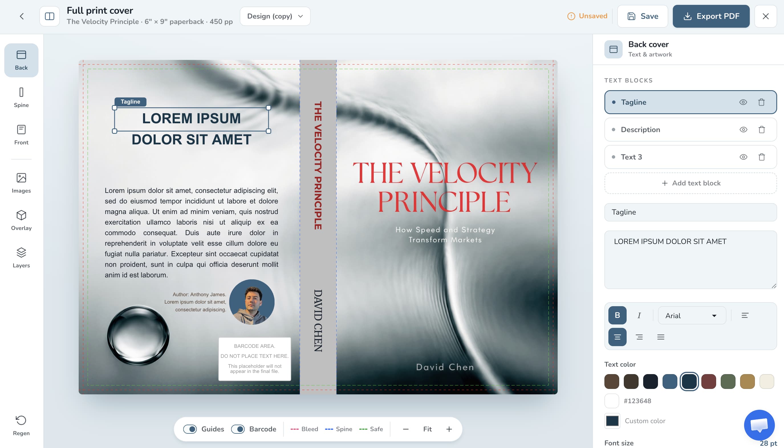 The full-wrap editor with back cover, spine, and front cover, draggable text blocks, and an author portrait