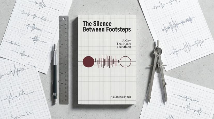 A modern, minimalist book titled The Silence Between Footsteps by J. Marlowe Finch lies on a concrete surface surrounded by graph paper sheets filled with sound waveforms. The cover design features a clean grid layout with a stylized soundwave between two circles and the subtitle “A City That Hears Everything,” suggesting a mystery or speculative theme. Nearby drafting tools like a compass, ruler, and mechanical pencil enhance the analytical, architectural aesthetic.