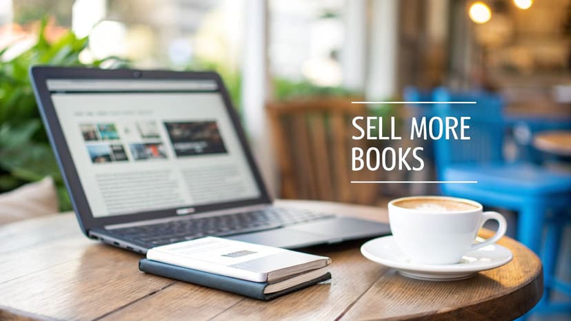A laptop showing a website, two books, and a coffee cup on a wooden table in a cafe.
