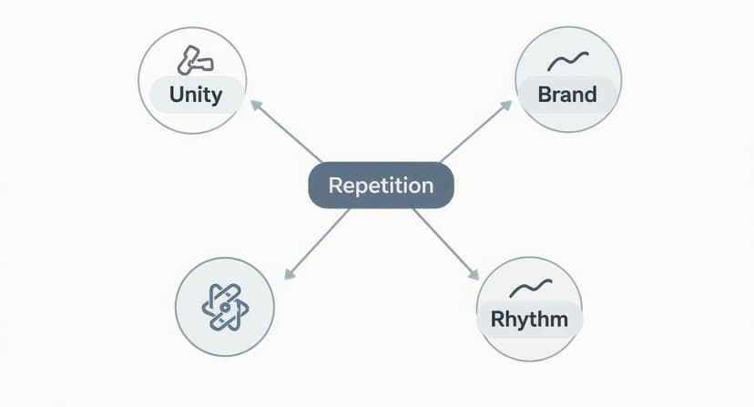 A concept map showing 'Repetition' connected to 'Unity', 'Brand', and 'Rhythm'.