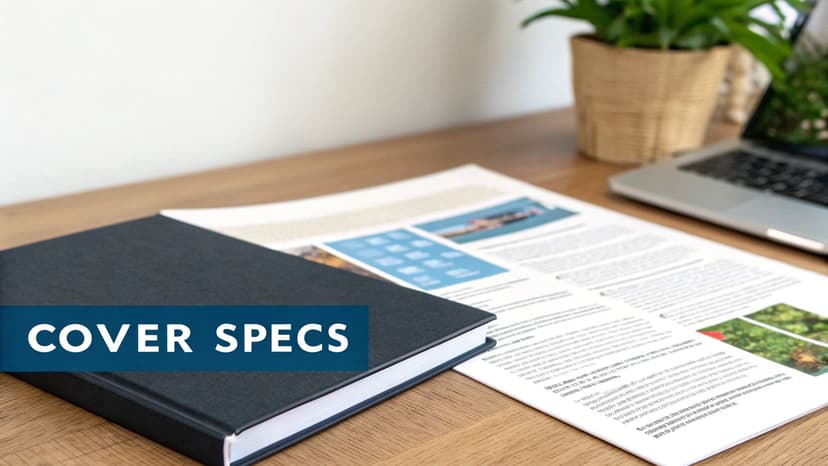 A black book labeled "COVER SPECS" on a wooden desk with a printed document and a laptop.