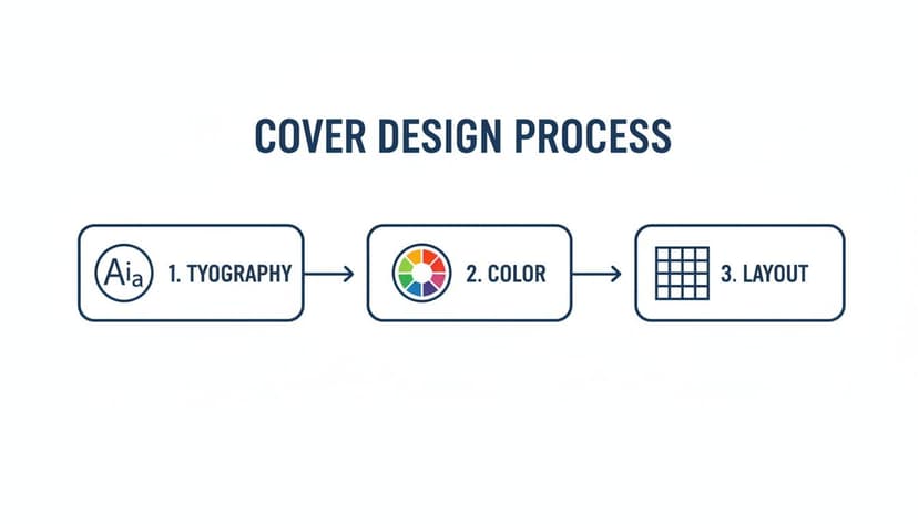 A flowchart illustrates the cover design process, including steps for typography, color, and layout.