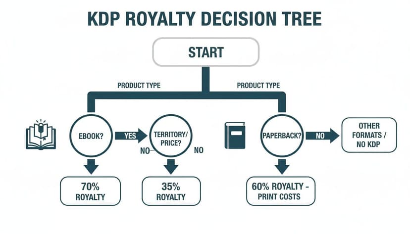 A KDP royalty decision tree flowchart illustrating royalty percentages for ebooks and paperbacks.